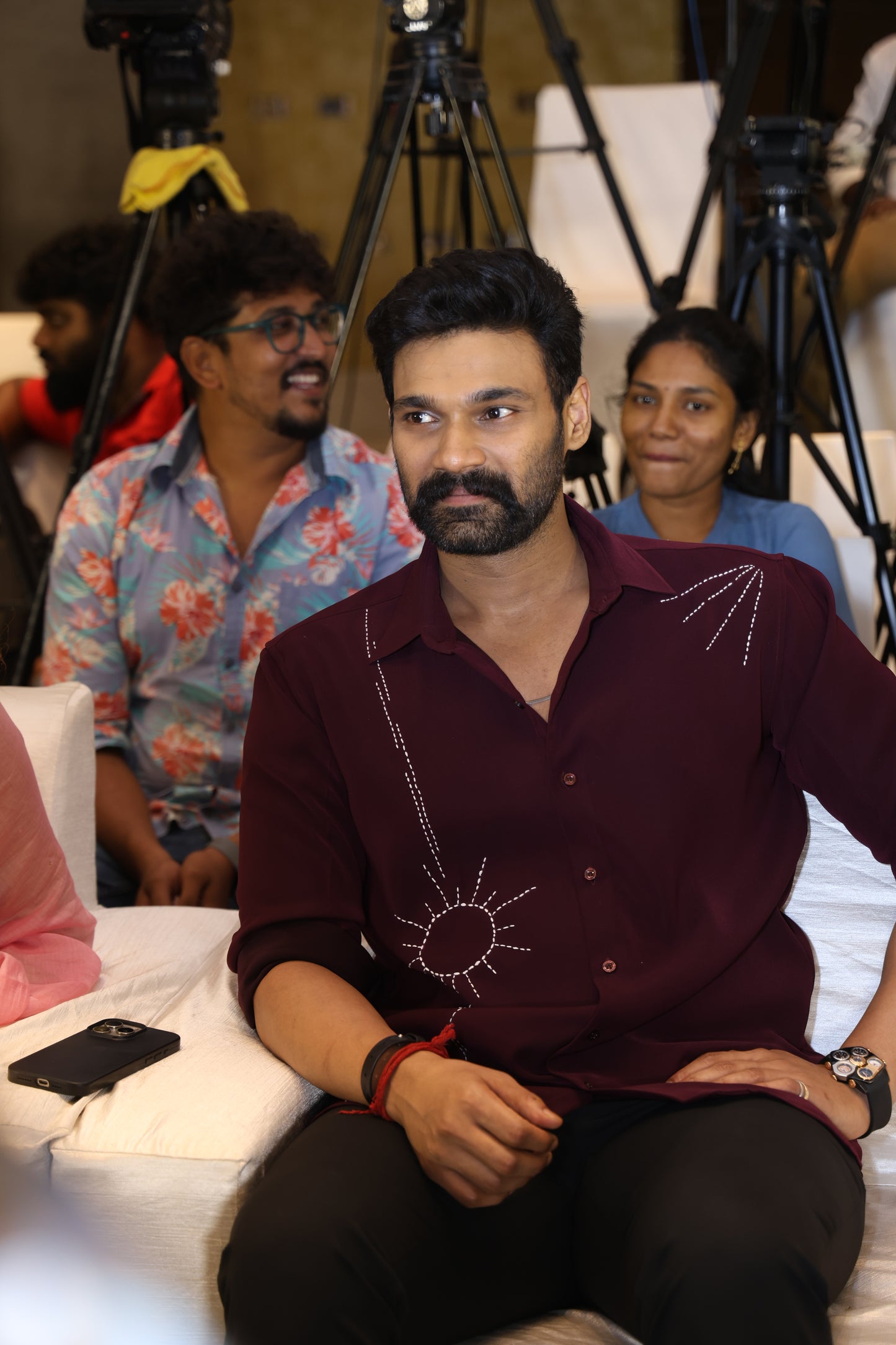 Burgundy shirt with white kantha work