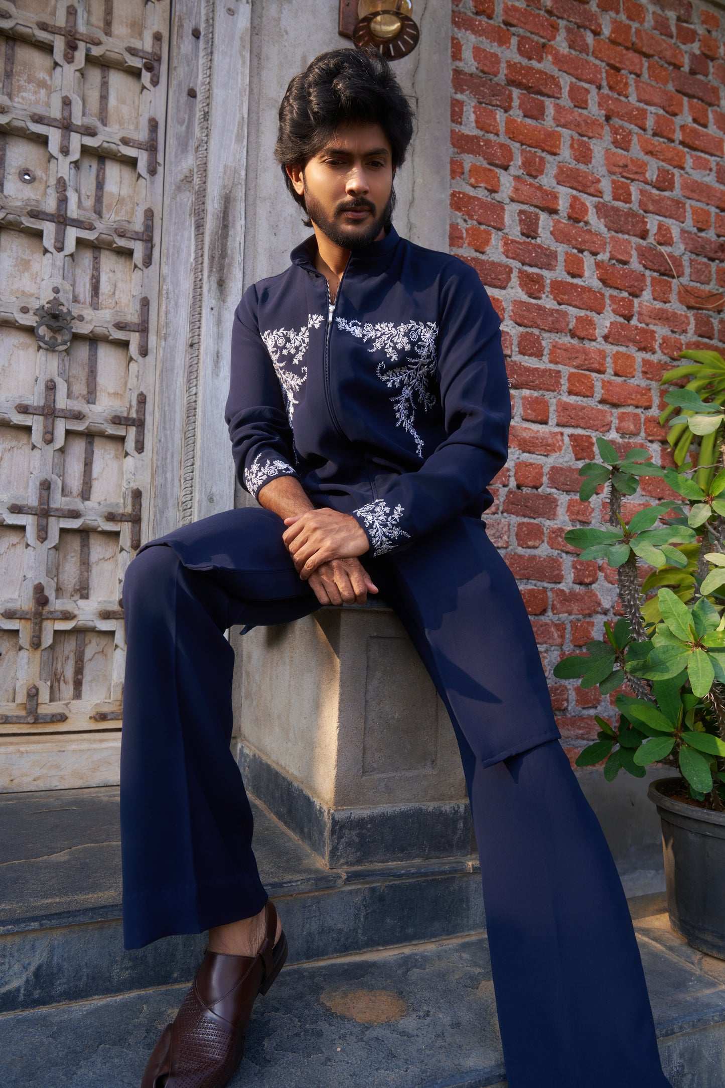 Dark Blue zipper kurta with white floral hand embroidery design