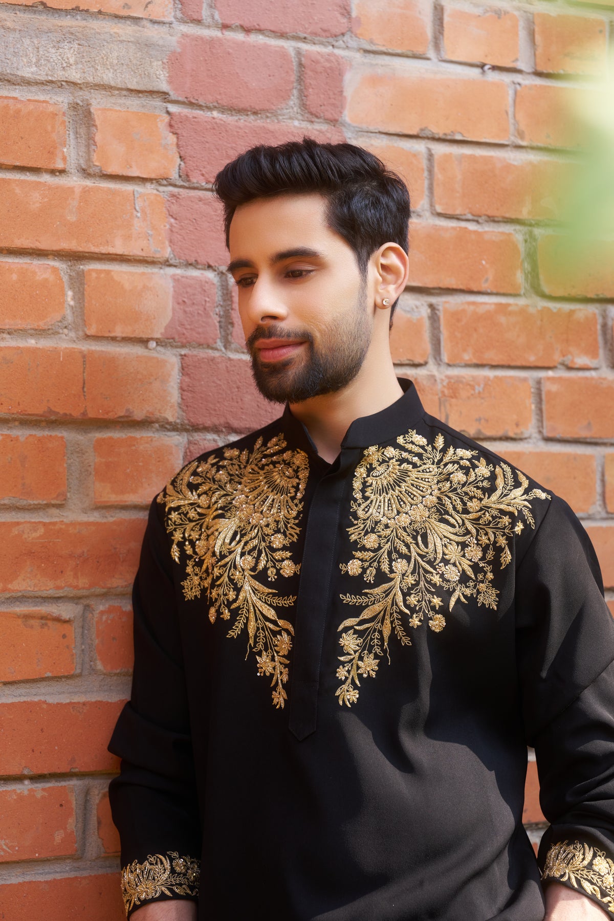 Black kurta with royal gold intricate floral hand embroidery design