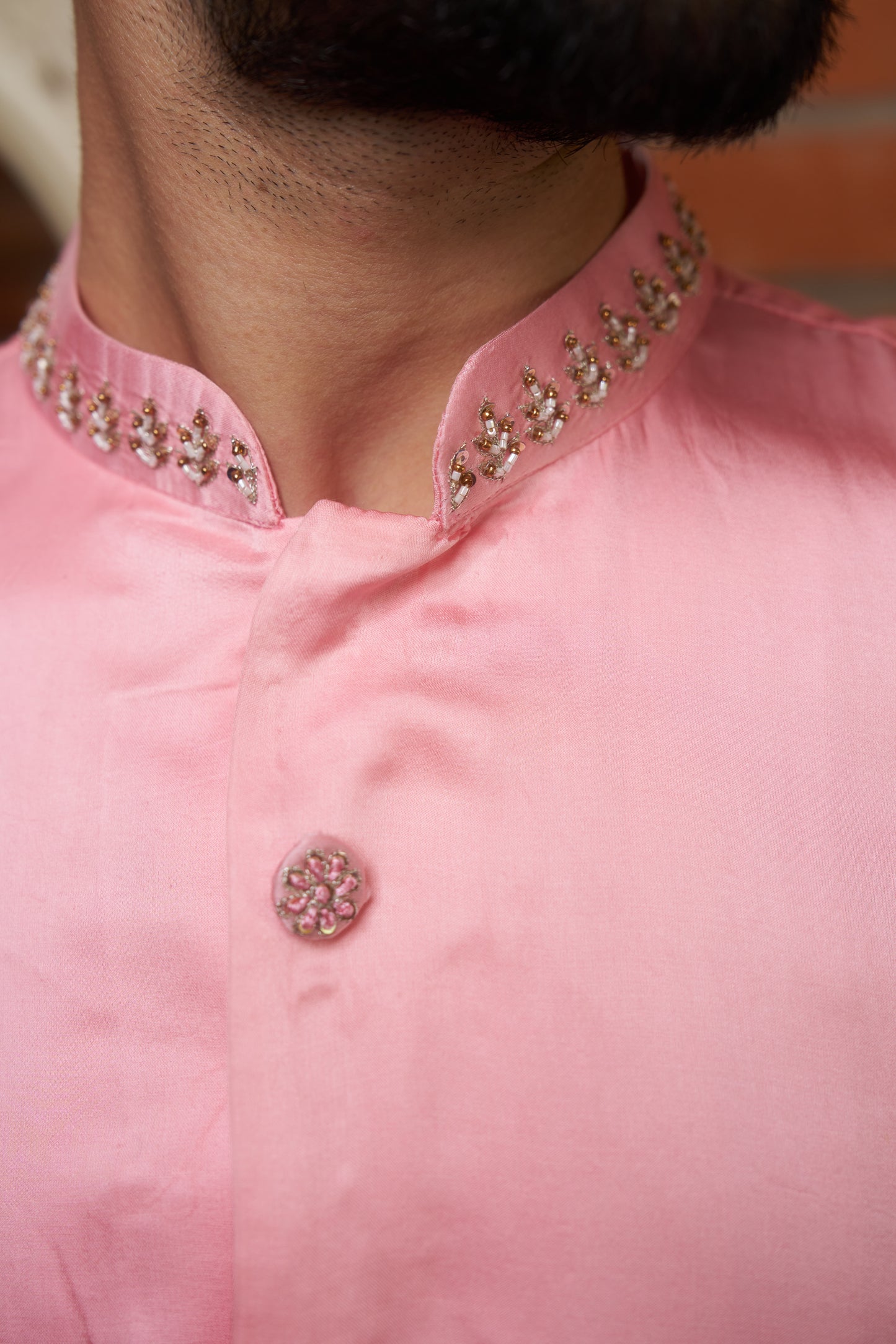 Pink traditional slit kurta with intricate hand embroidery design
