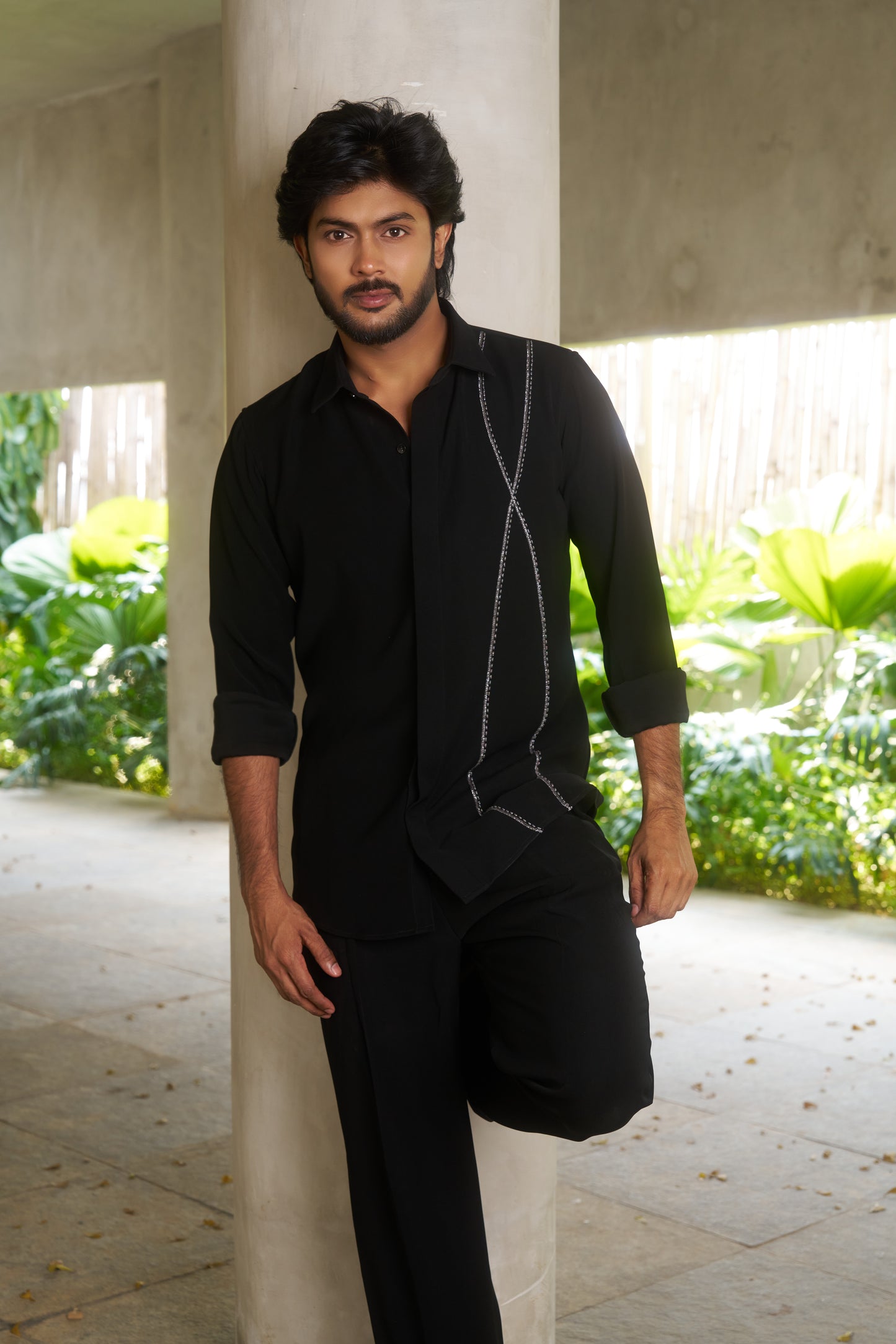 Black shirt with dual silver wavy lines embroidery design