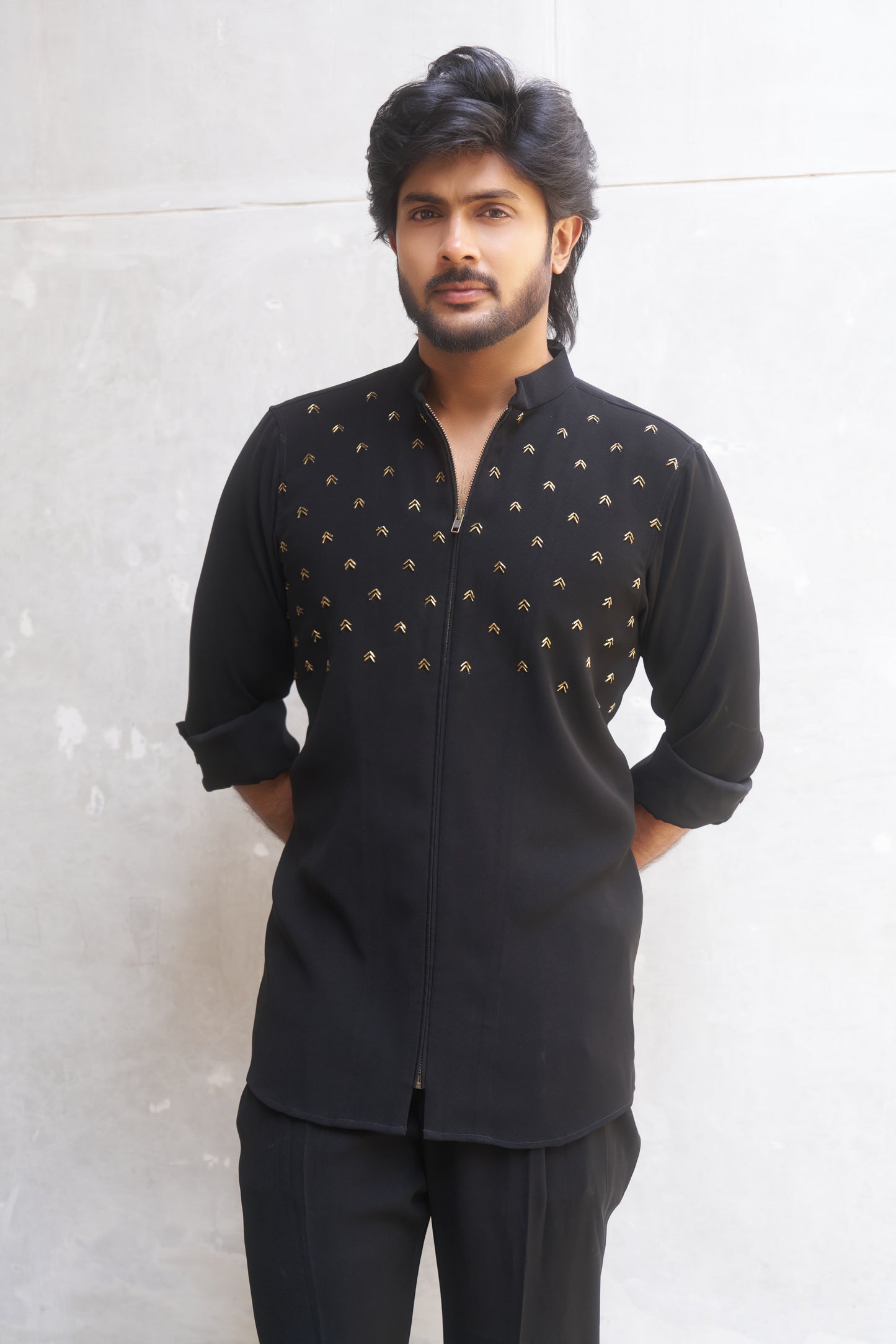 Black zipper shirt with gold arrow design