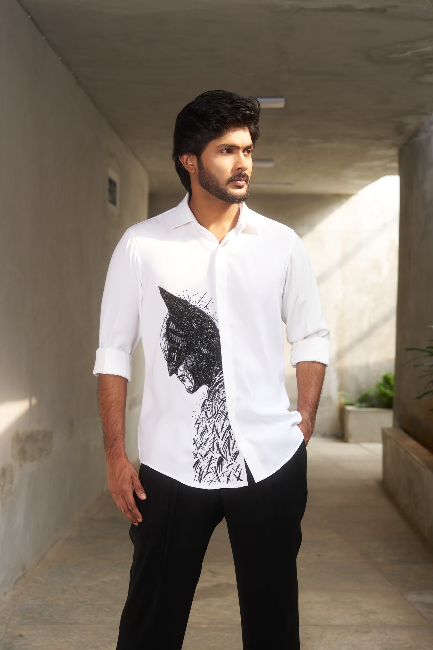 White shirt with Batman hand embroidery design