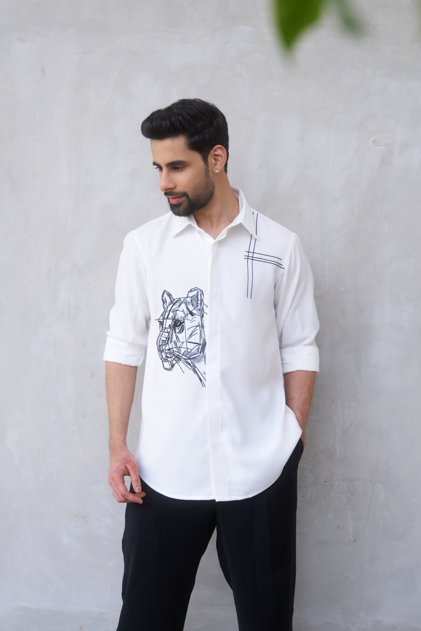 White shirt with Black Tiger Hand embroidery design