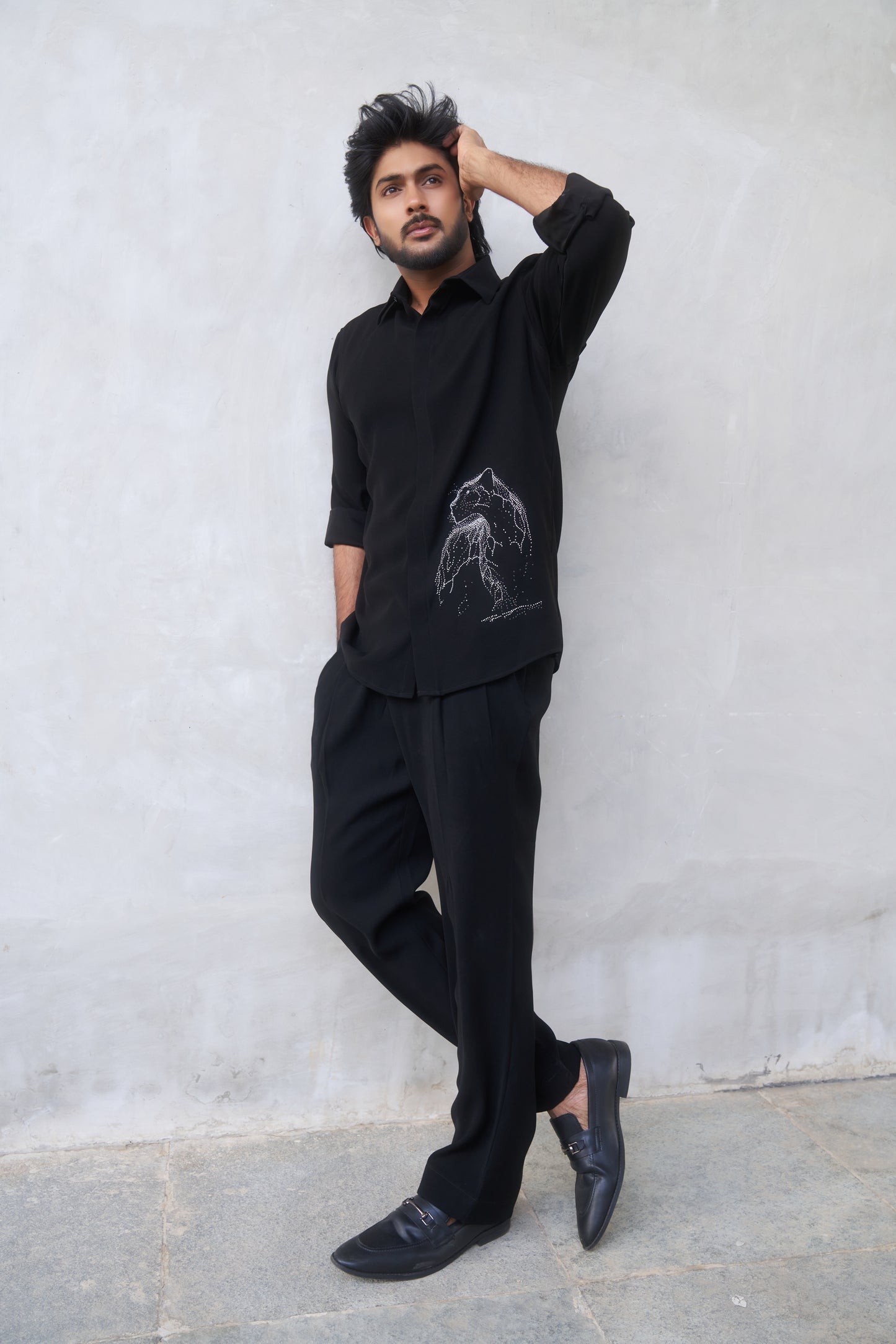 Black shirt with White cheetah hand embroidery design