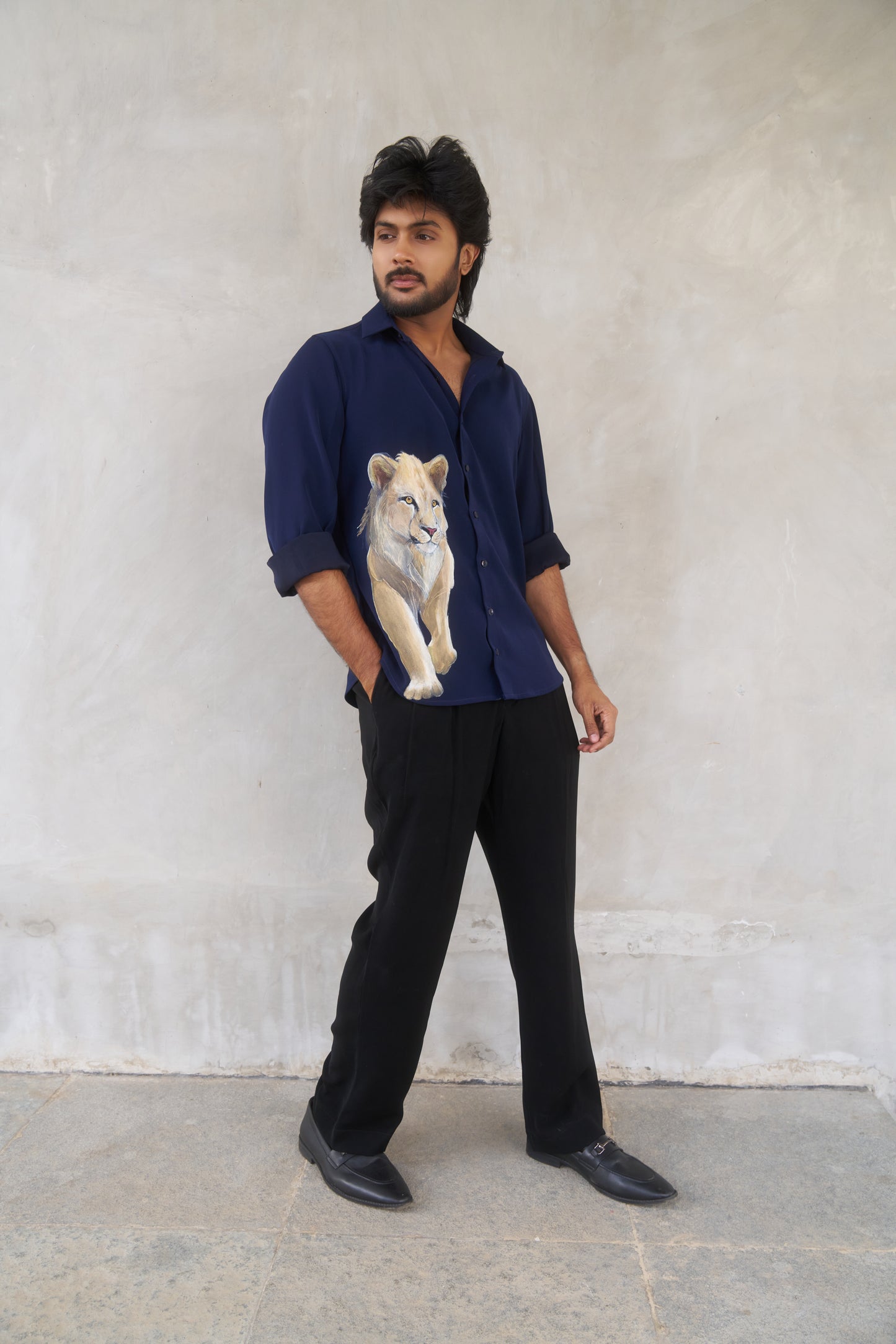 Blue shirt with Lioness Hand painted design