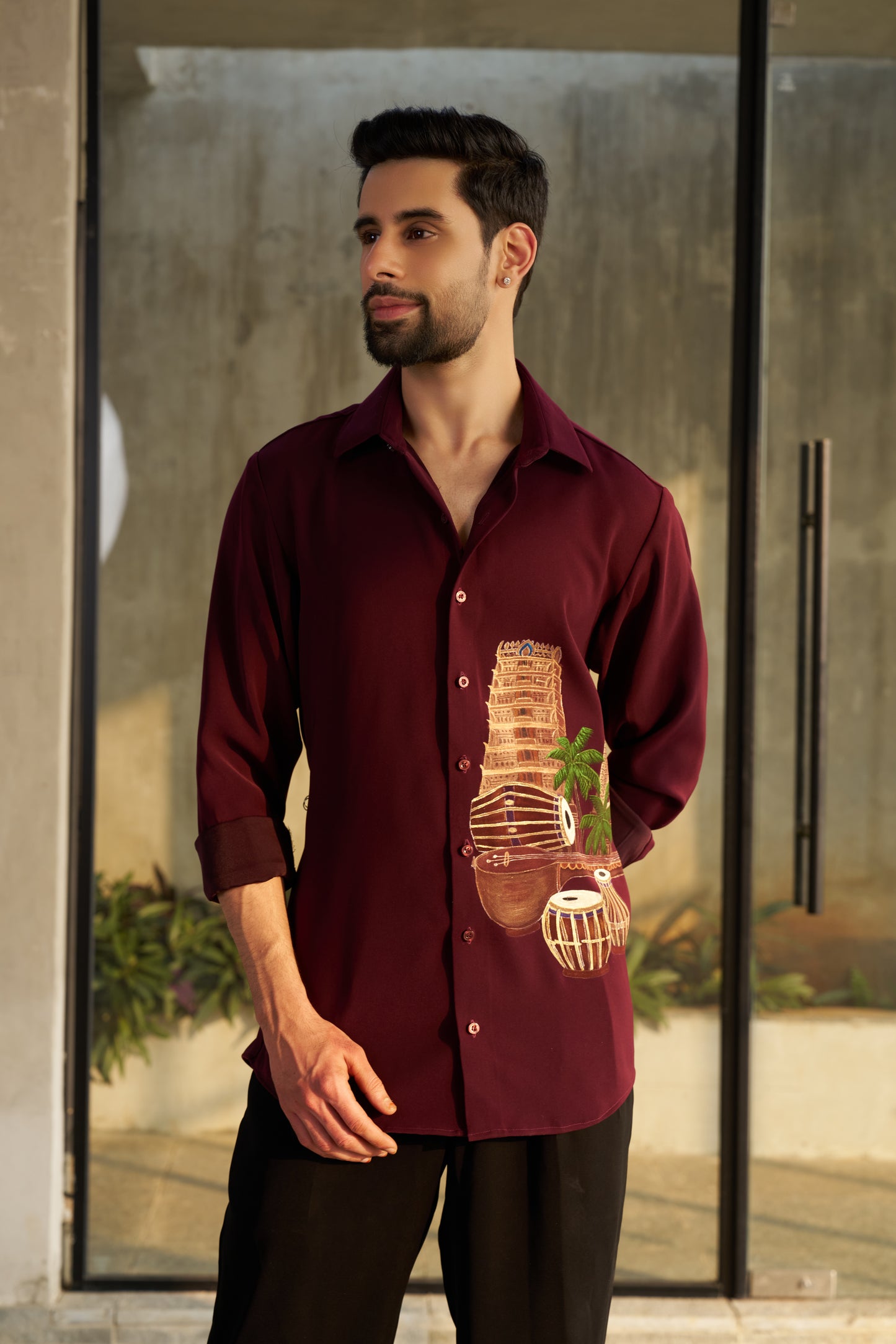 Burgundy shirt with Temple and musical instruments hand painted design