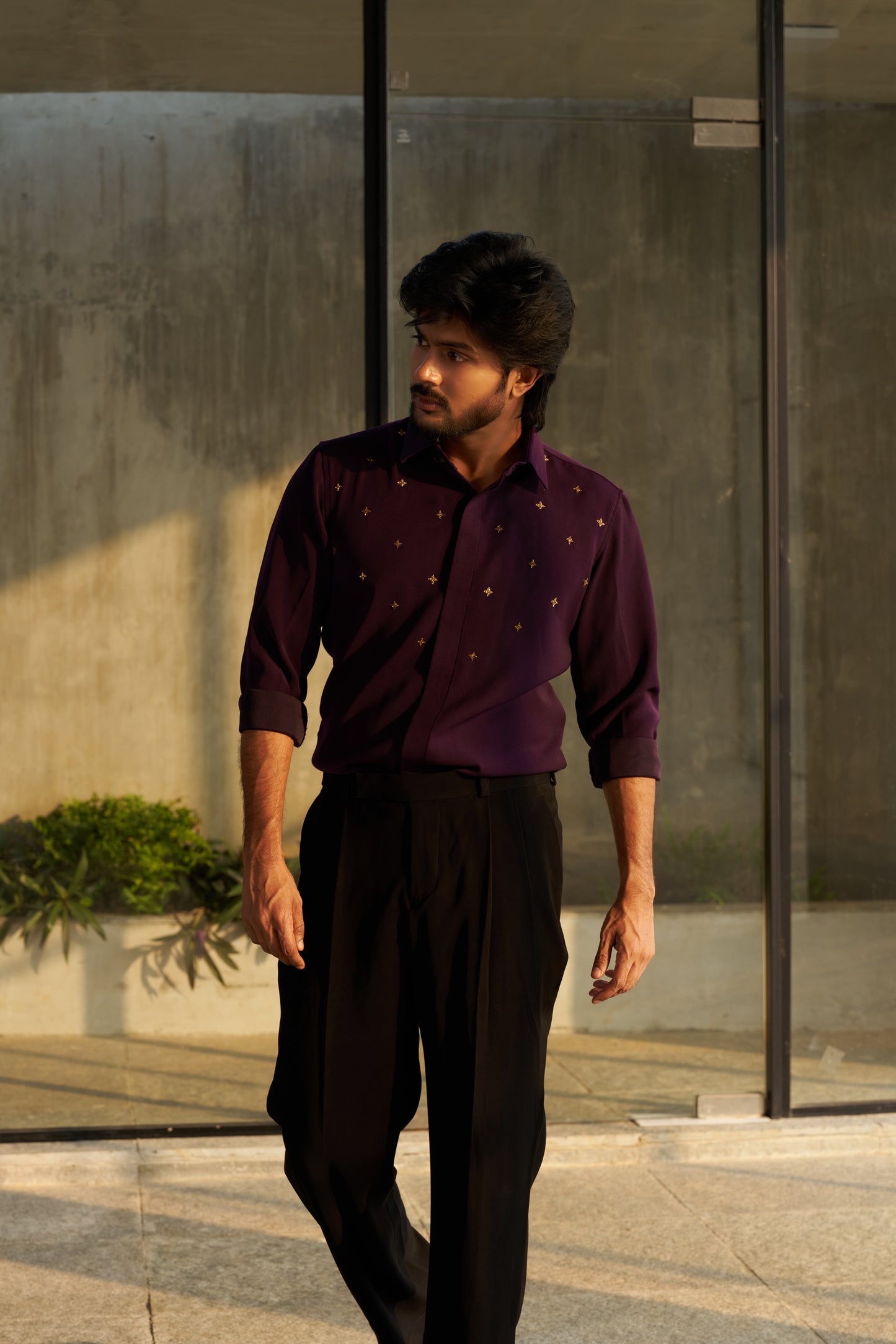 Dark Purple shirt with gold star shaped patterns design