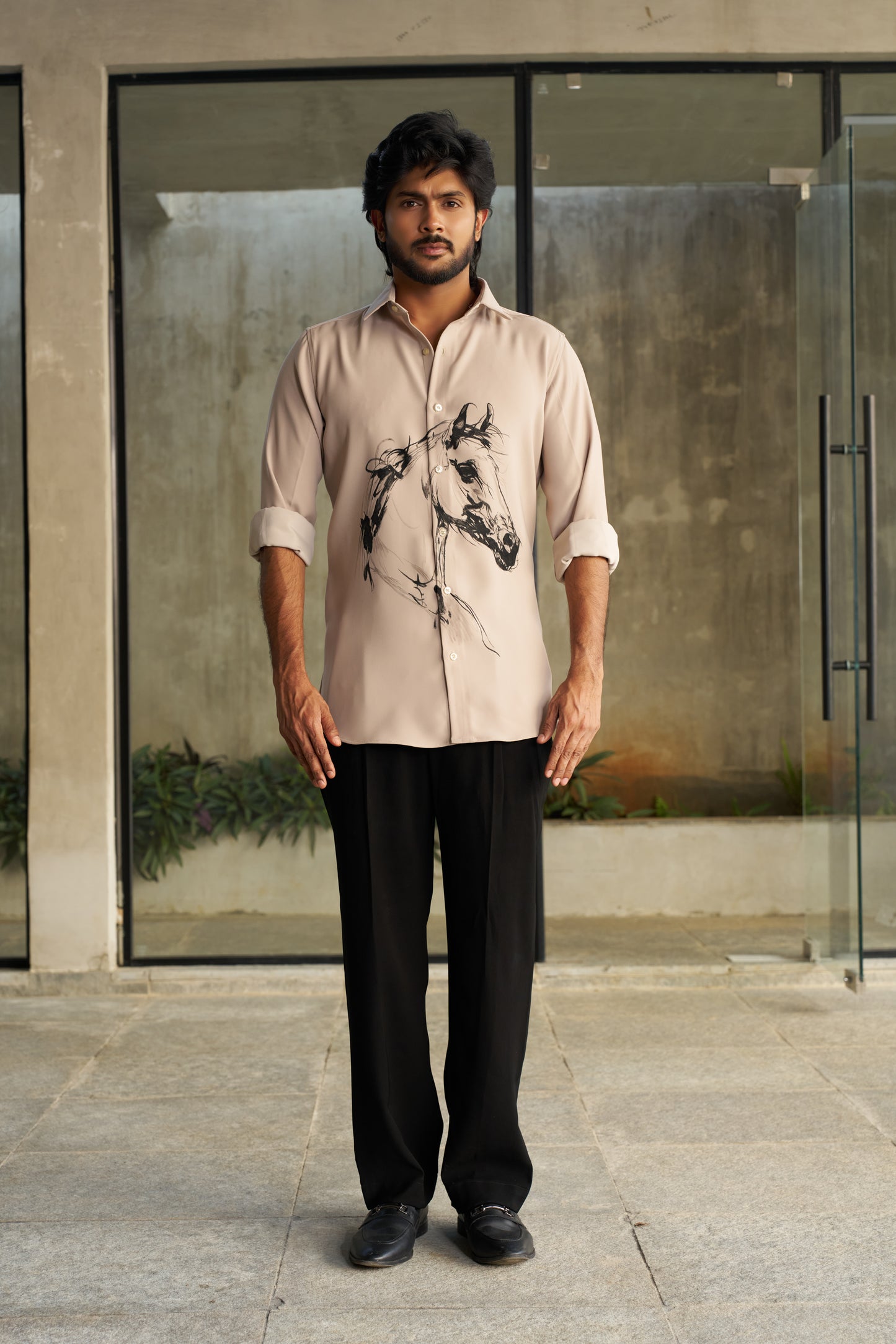 Beige shirt with black horse hand painted design
