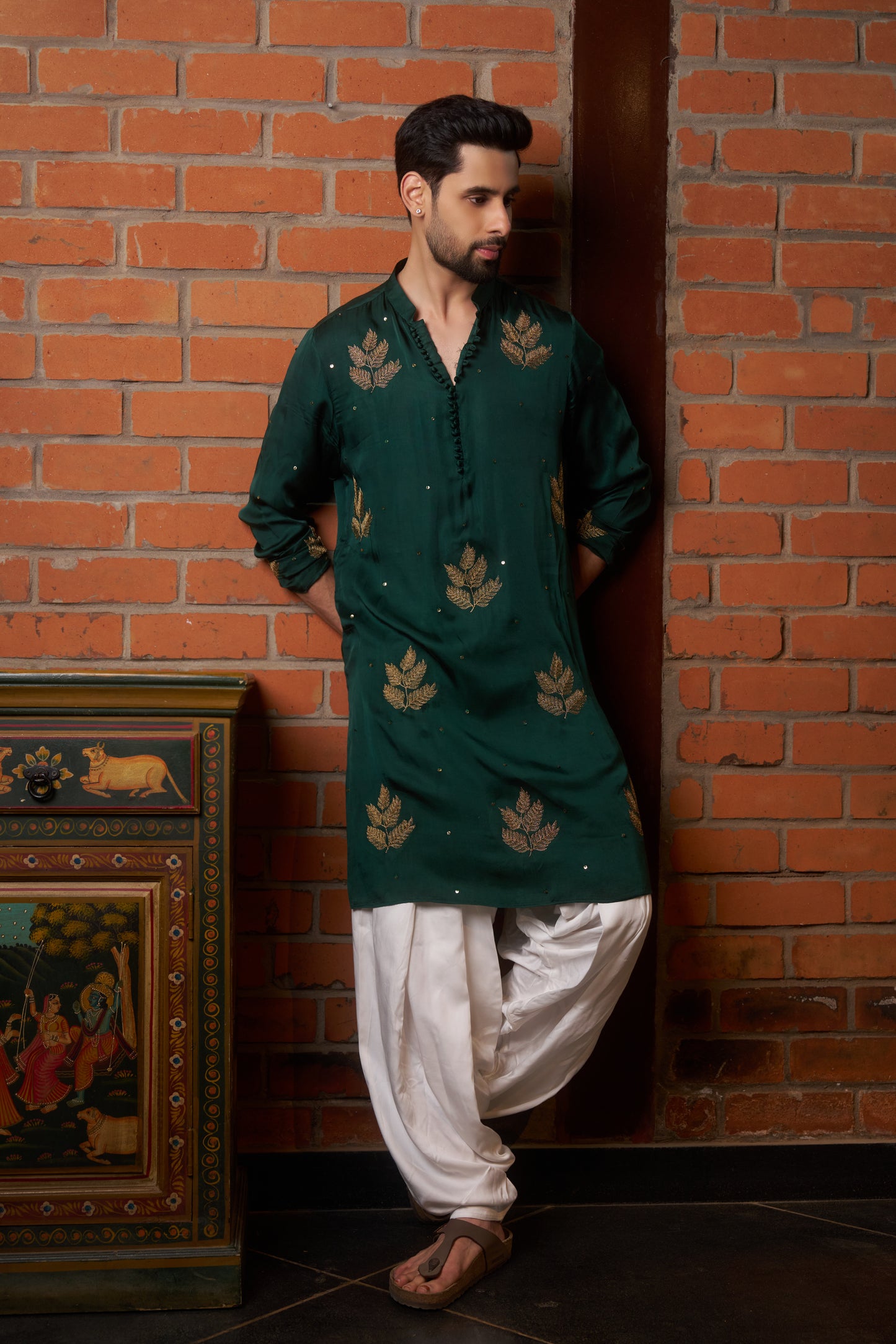 Green traditional kurta with gold leaf embroidery design