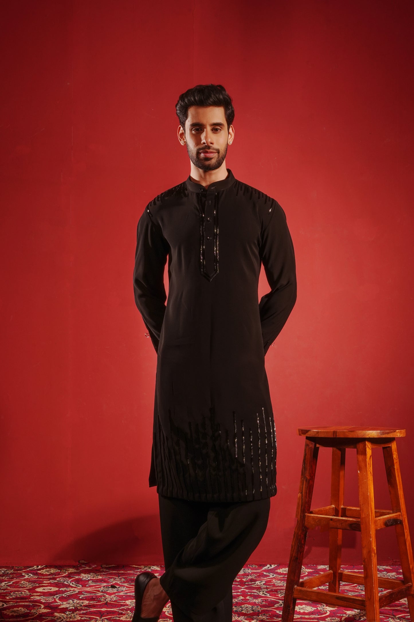 Black Kurta with Black Motif Design