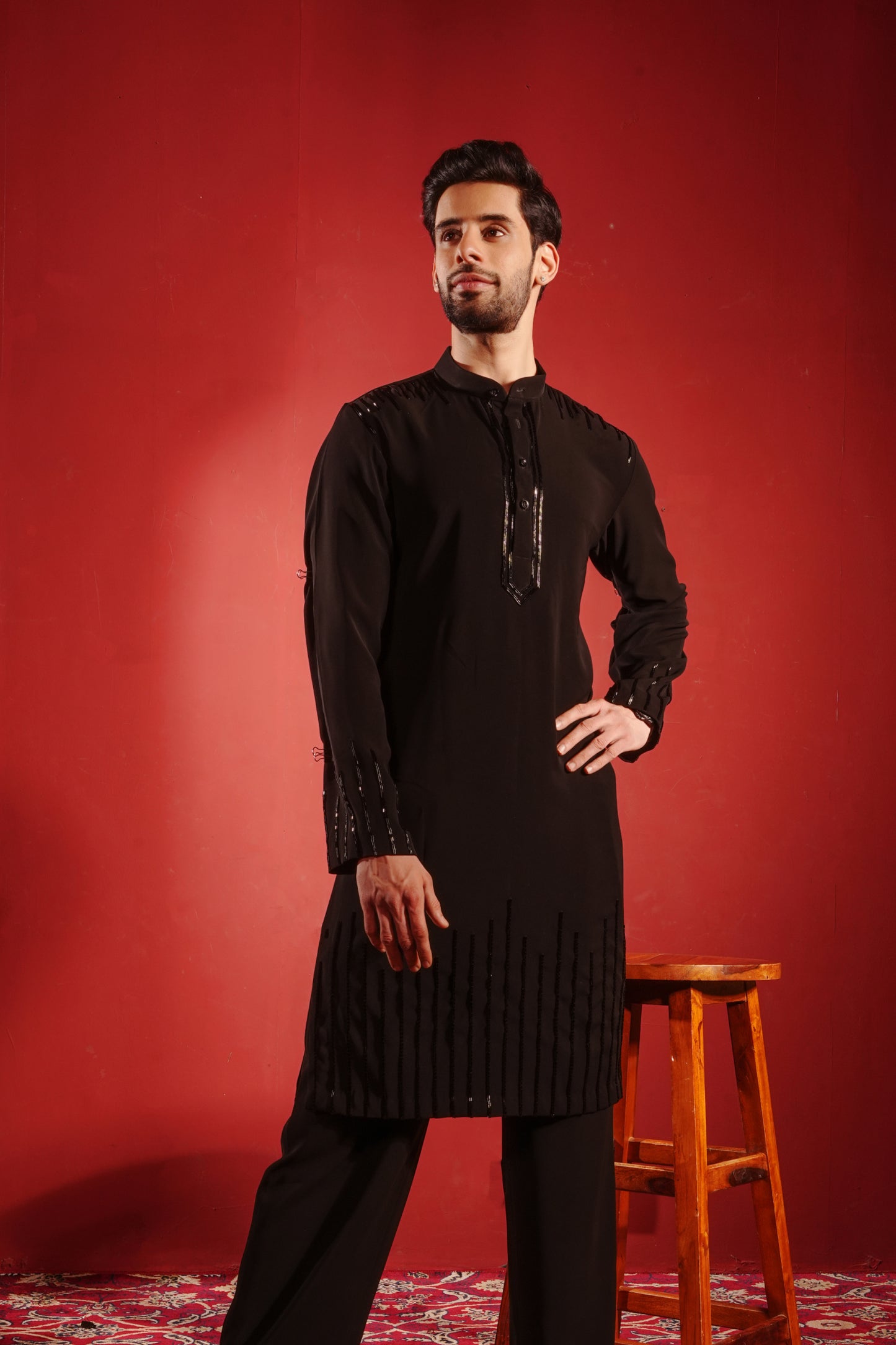 Black Kurta with Black Motif Design