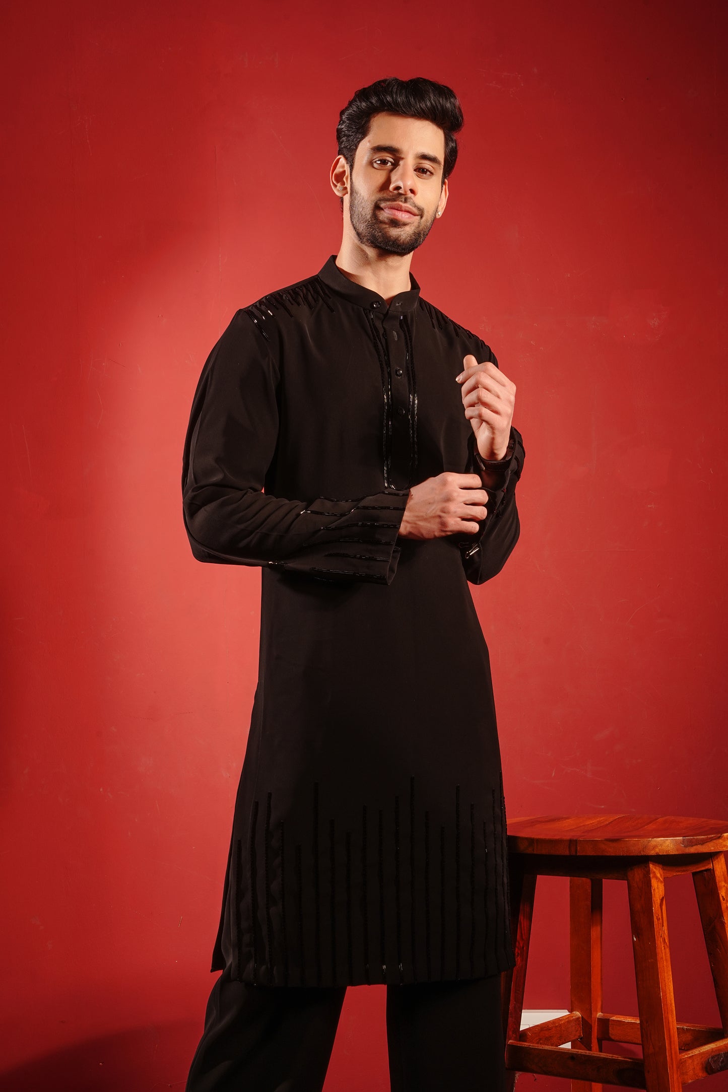 Black Kurta with Black Motif Design