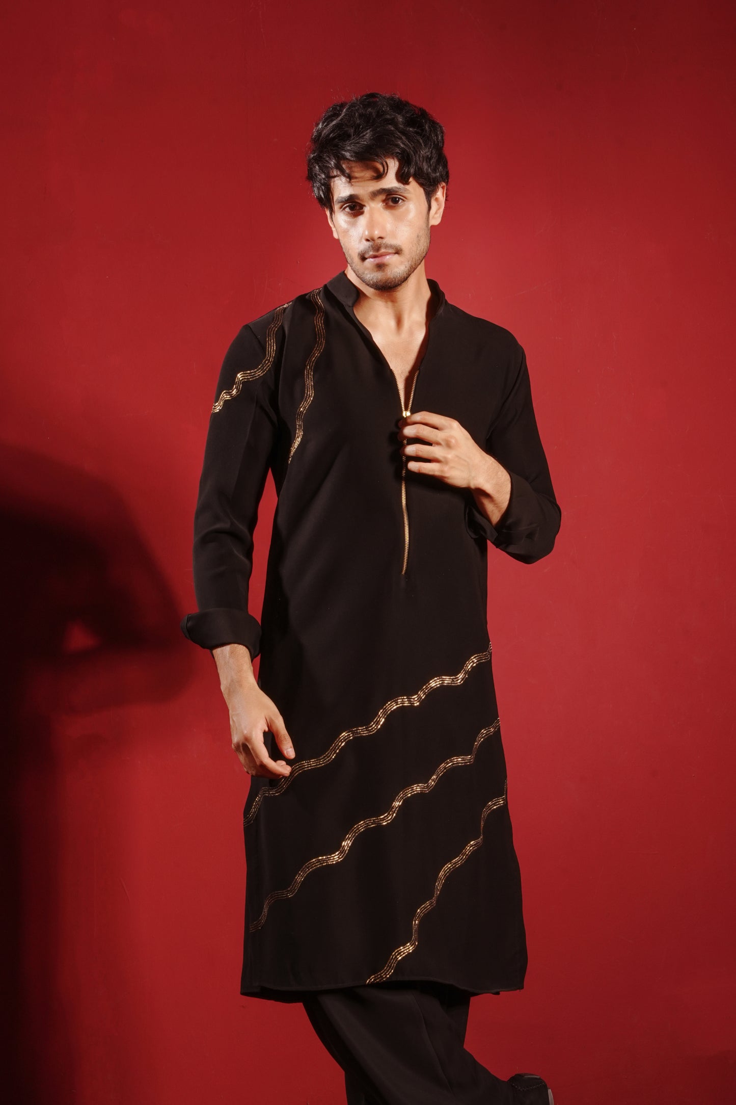 Gold Zardosi Work Black Kurta with Zipper