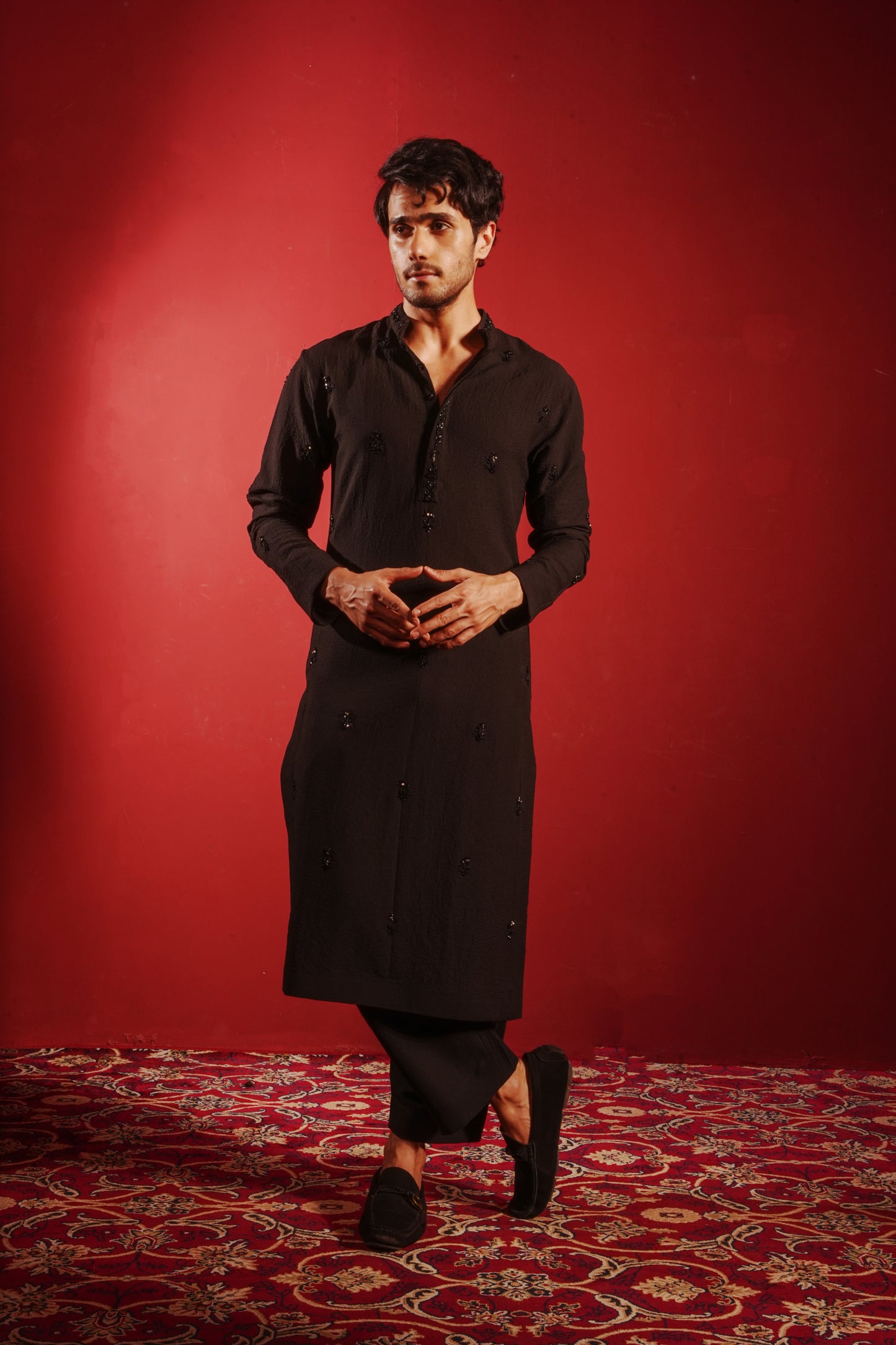 Black Kurta Embezzled with Motifs Design