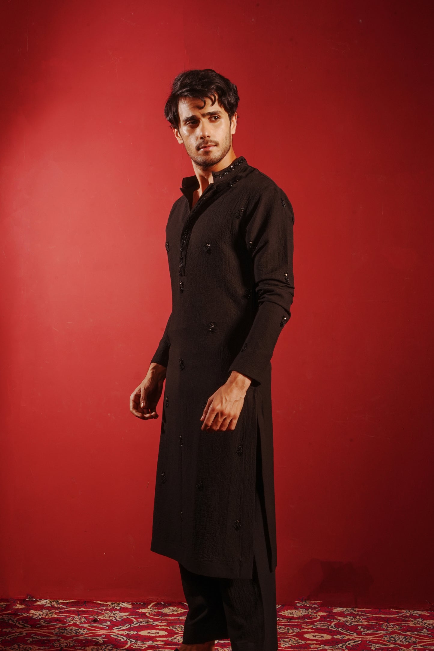 Black Kurta Embezzled with Motifs Design