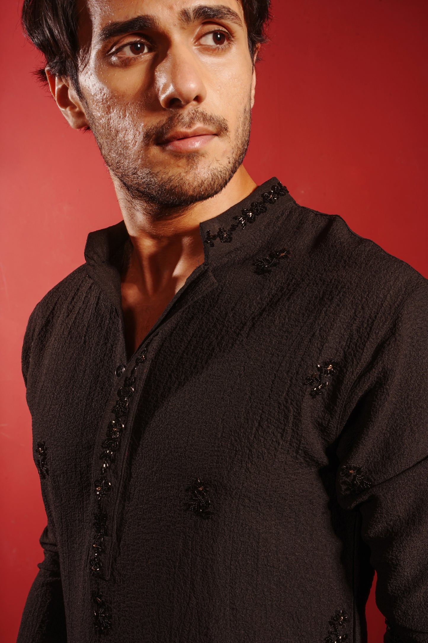 Black Kurta Embezzled with Motifs Design
