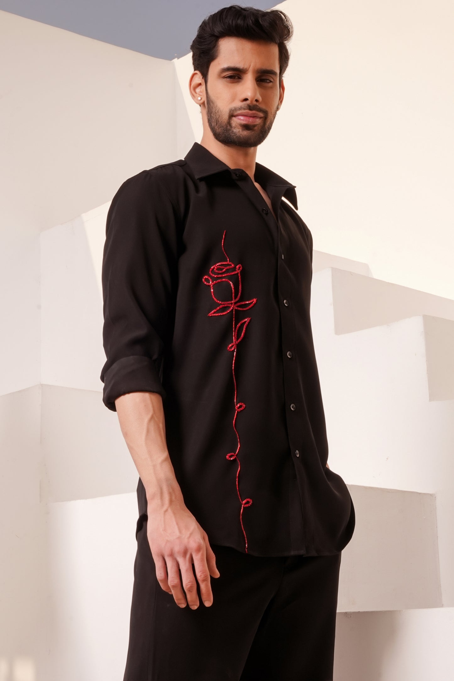 Premium Black Shirt with Red Rose