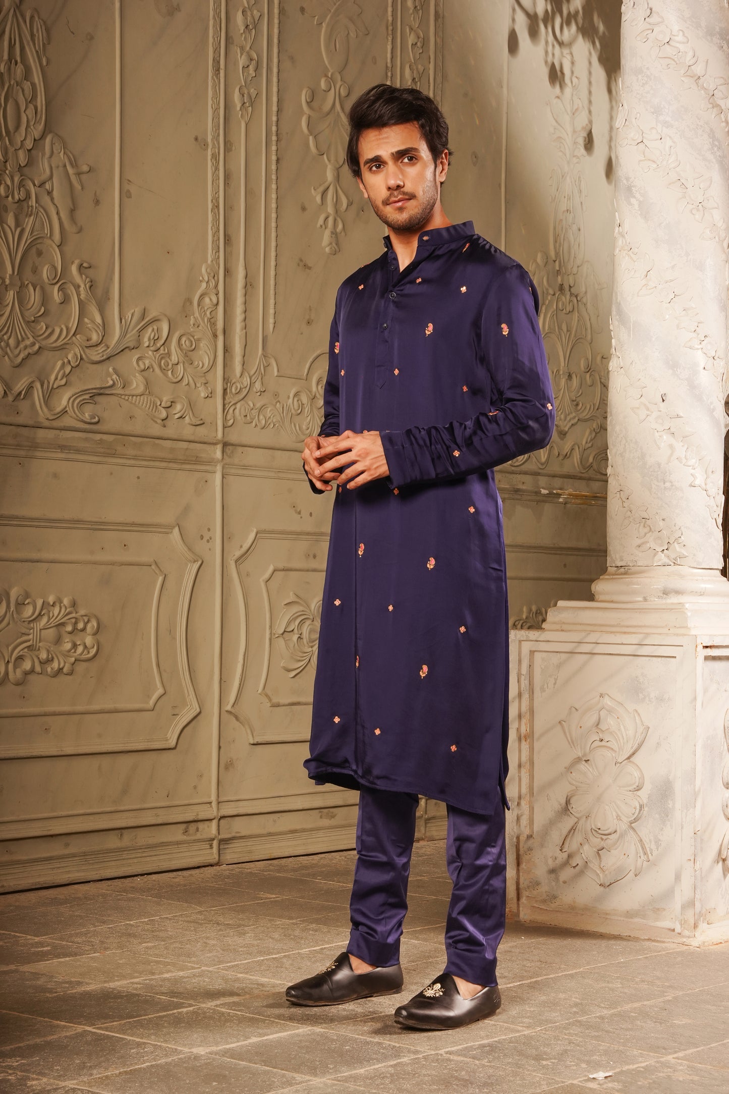 Blue Satin Kurta with Pink Embroided Design