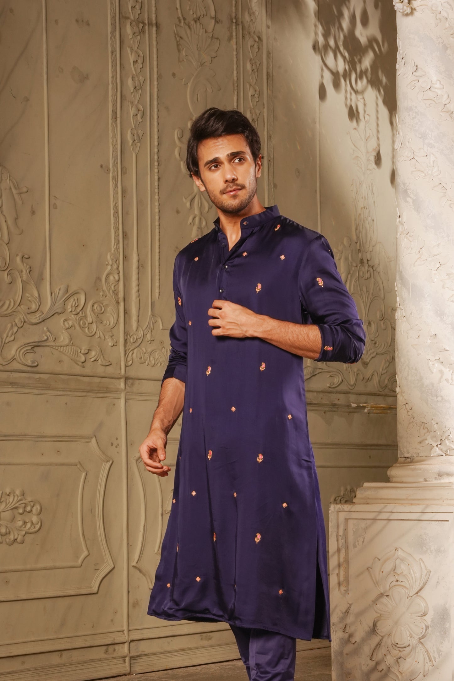 Blue Satin Kurta with Pink Embroided Design