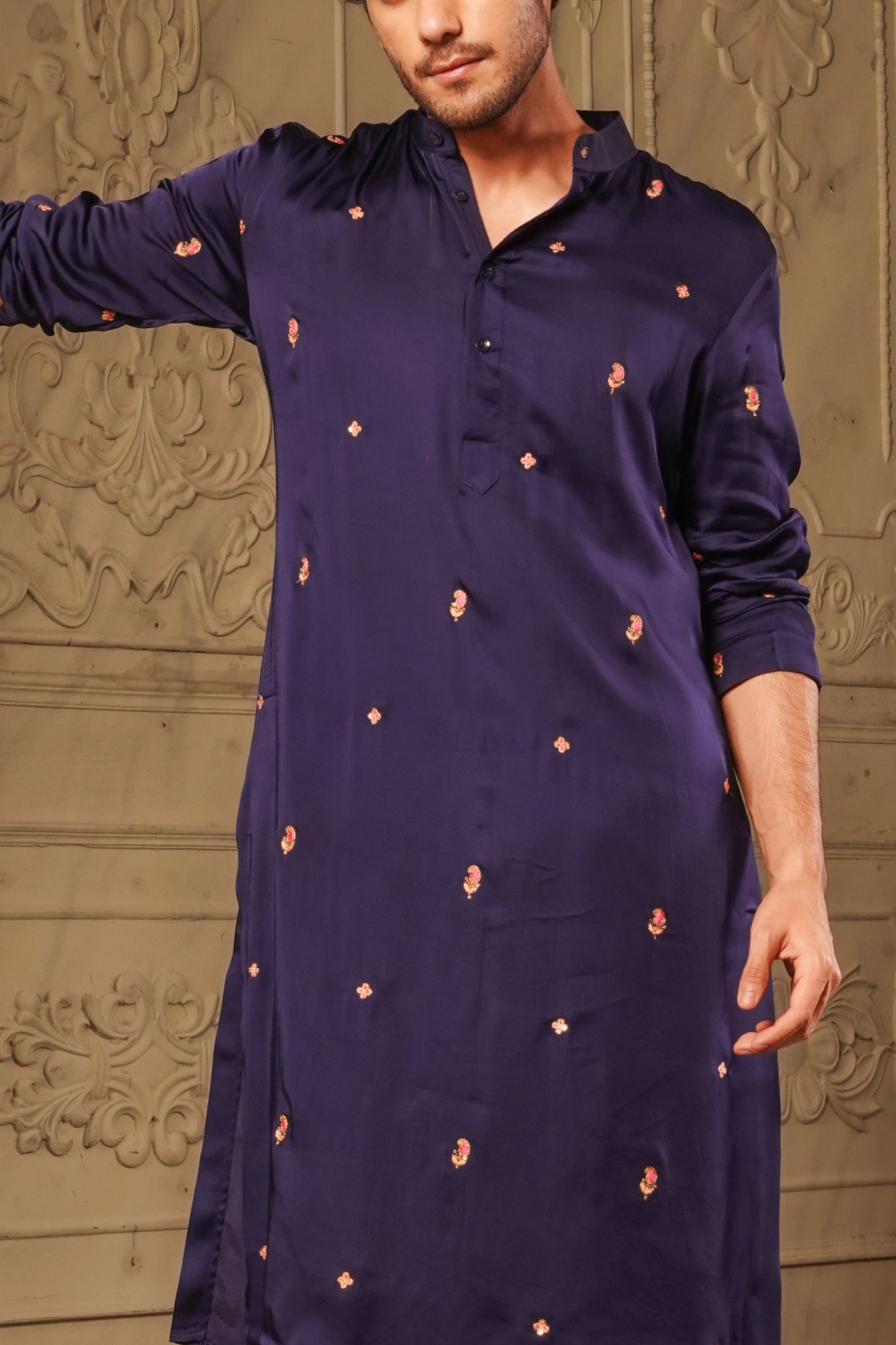 Blue Satin Kurta with Pink Embroided Design