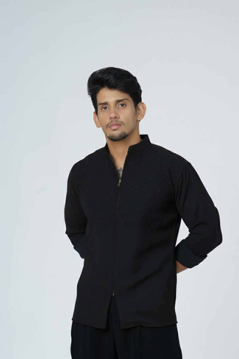 Zipper shirt with black lines hand embroidery