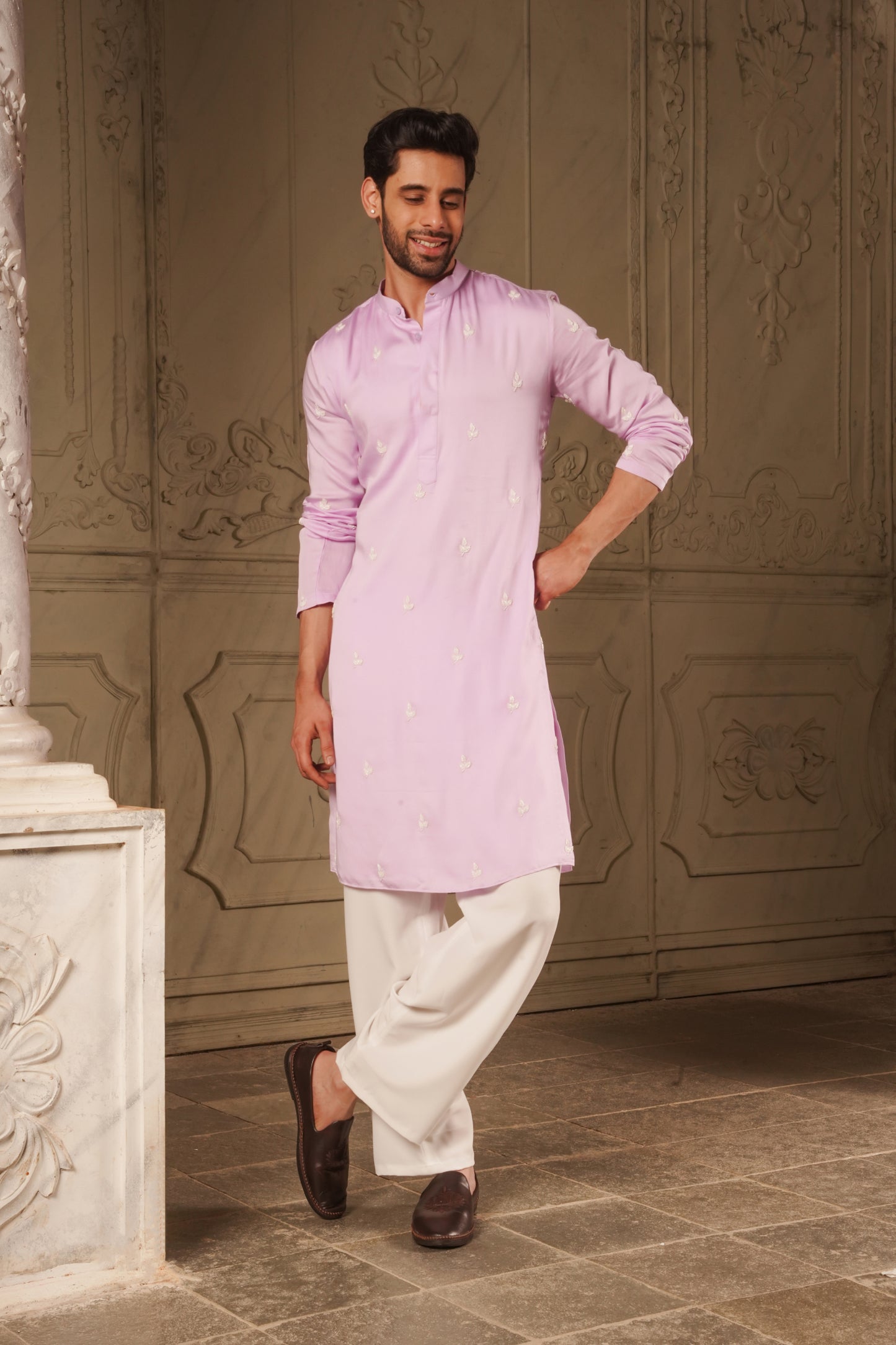 Lavender Kurta with White Leaf Design