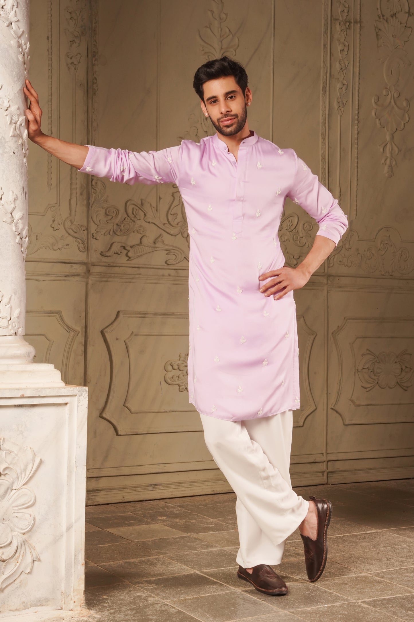 Lavender Kurta with White Leaf Design