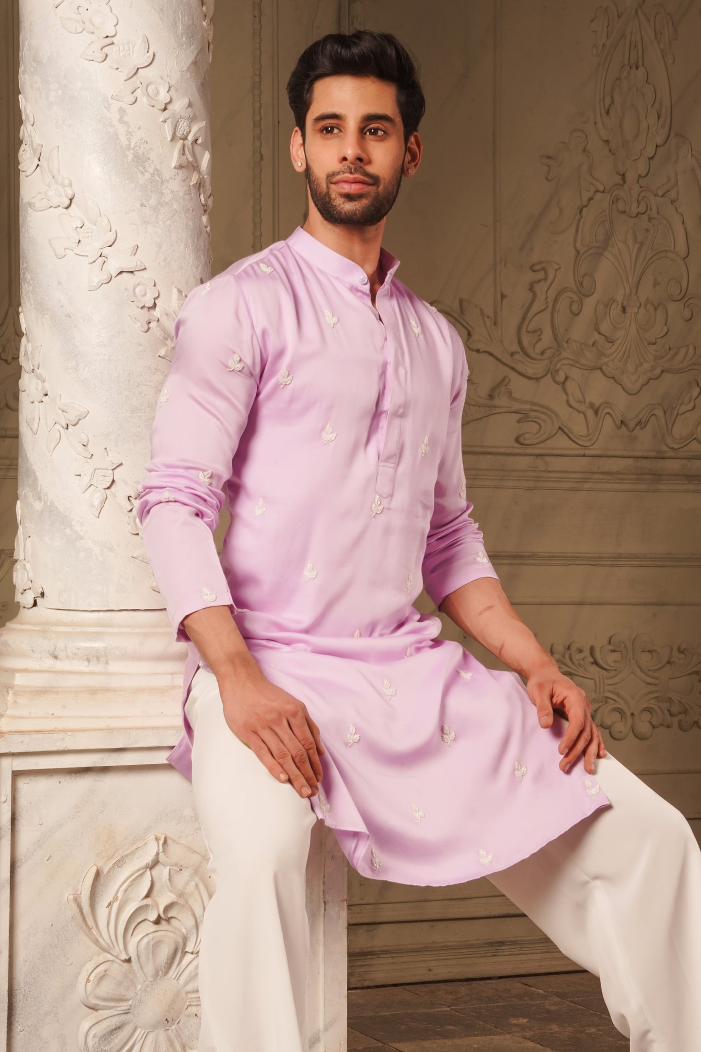 Lavender Kurta with White Leaf Design