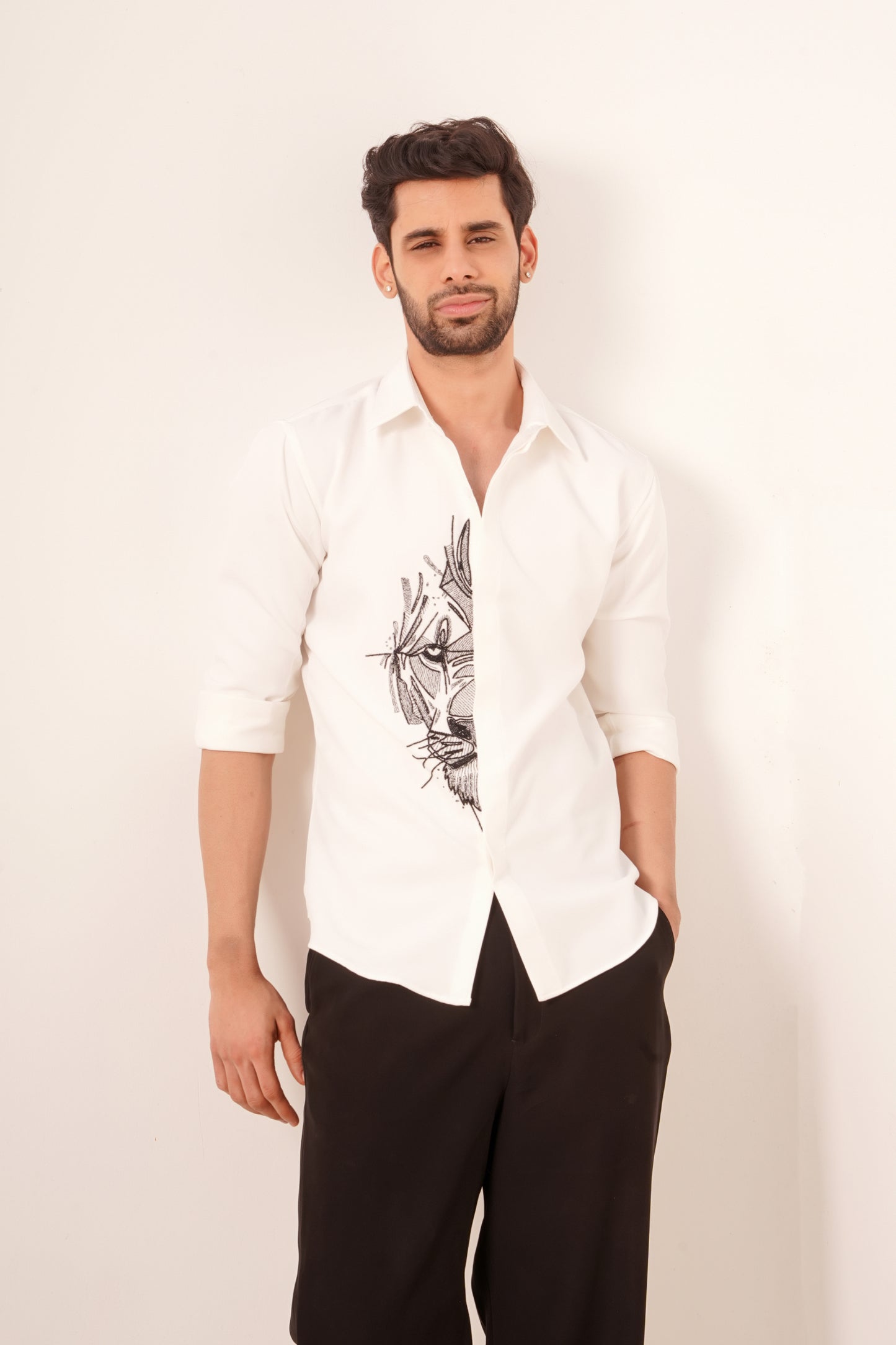 Premium White Shirt with Geometric Lion Design