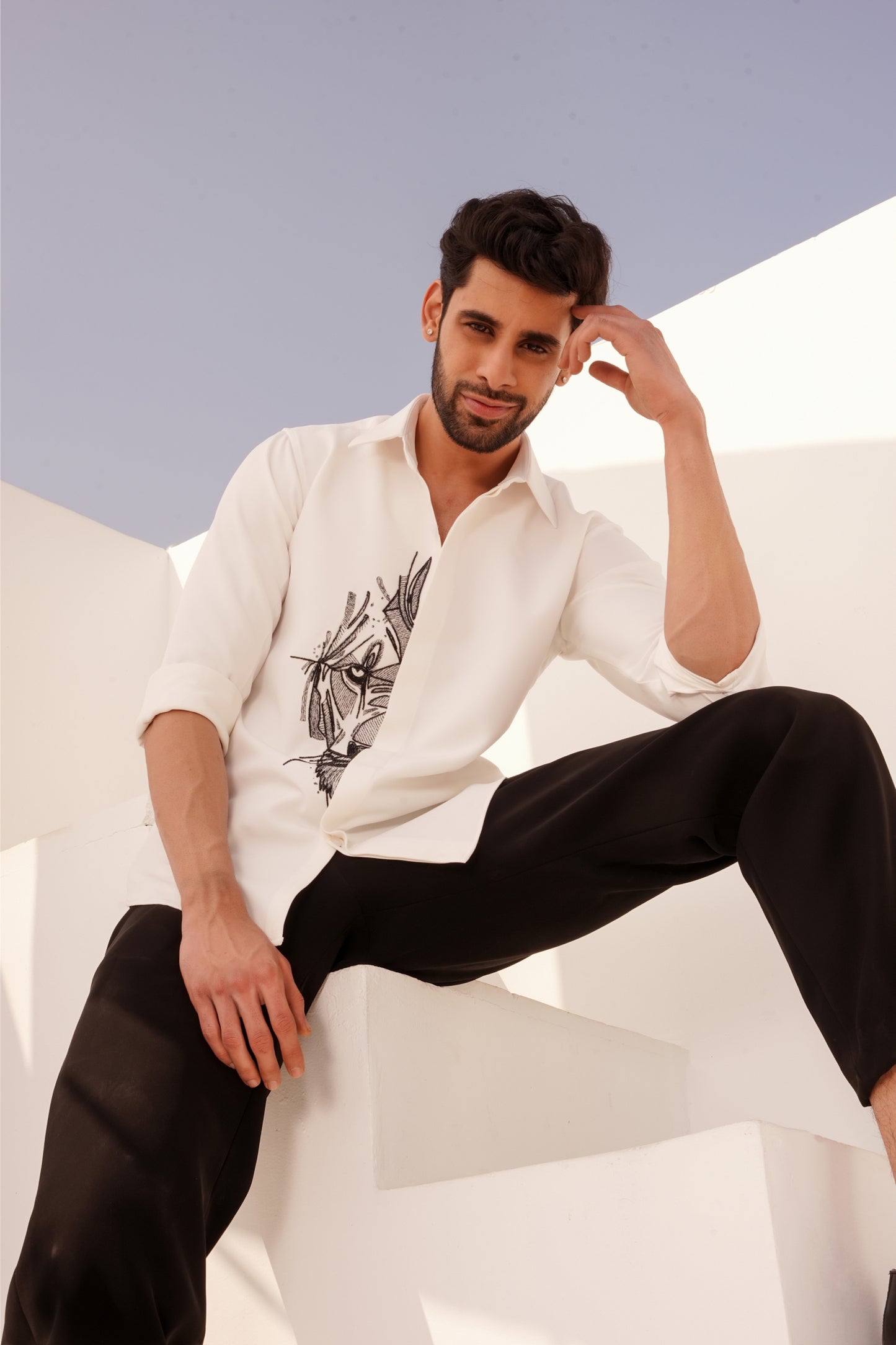 Premium White Shirt with Geometric Lion Design