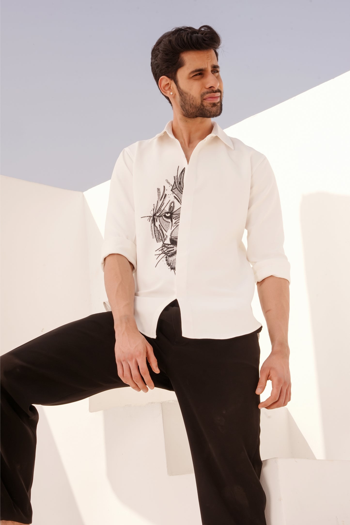 Premium White Shirt with Geometric Lion Design