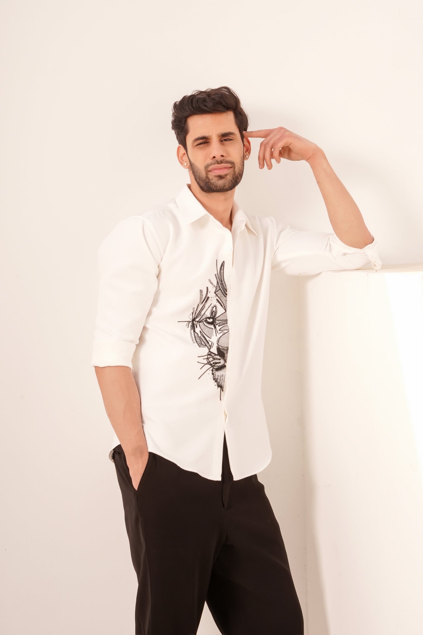 Premium White Shirt with Geometric Lion Design