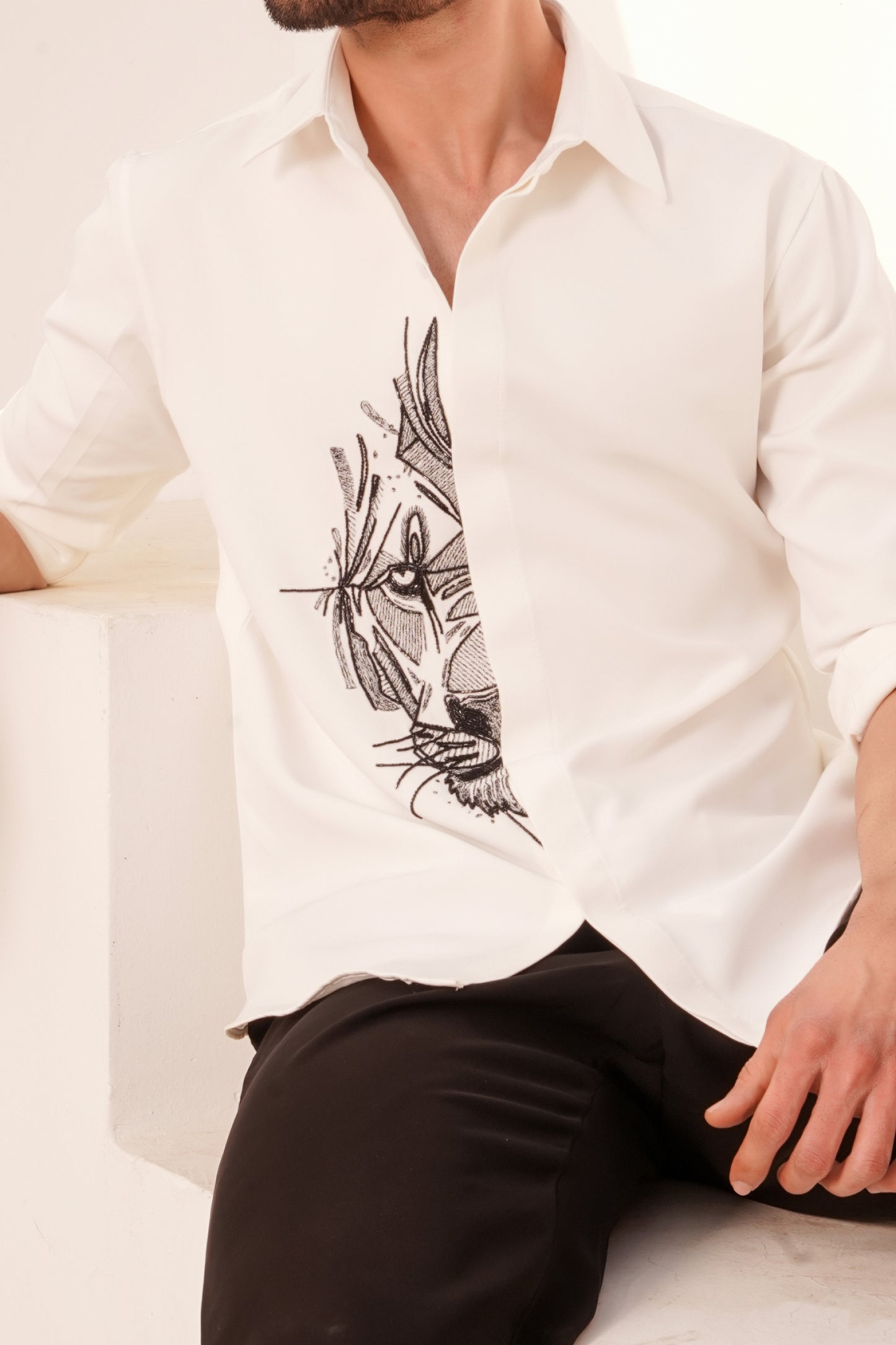 Premium White Shirt with Geometric Lion Design