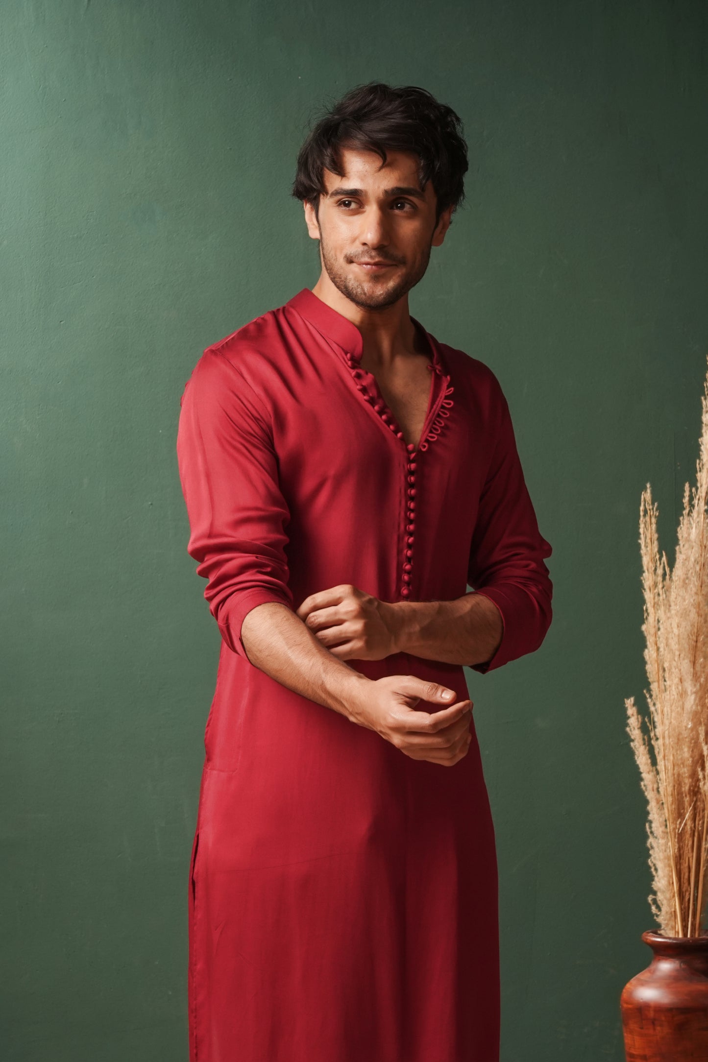Red Plain Kurta with Traditional Buttons
