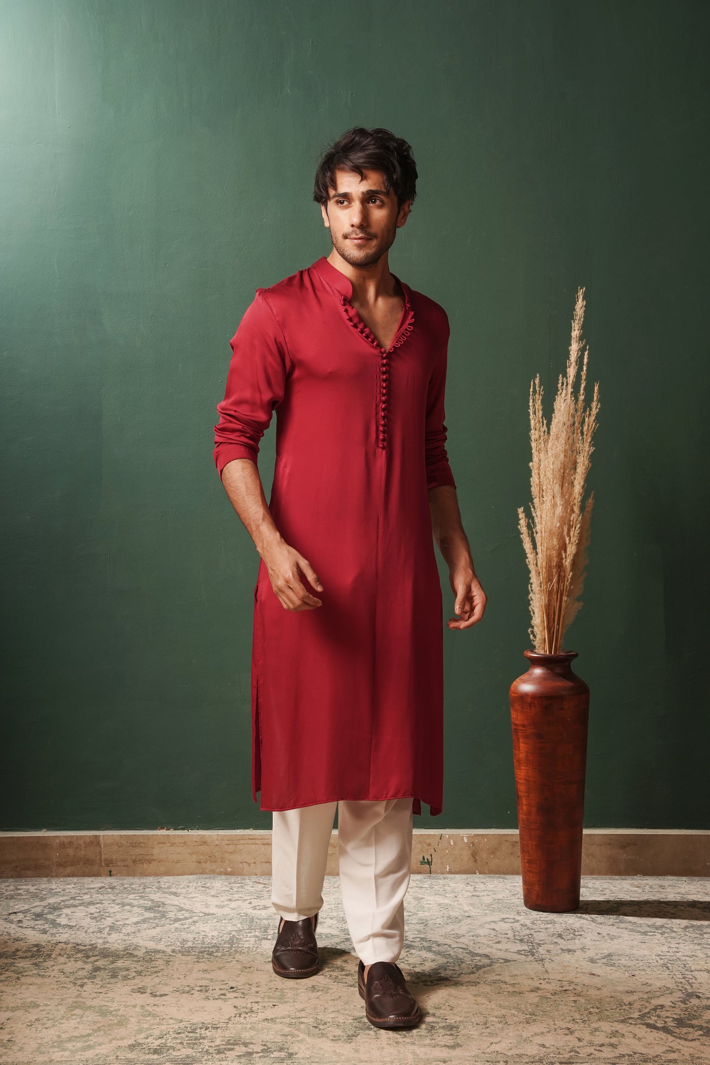 Red Plain Kurta with Traditional Buttons