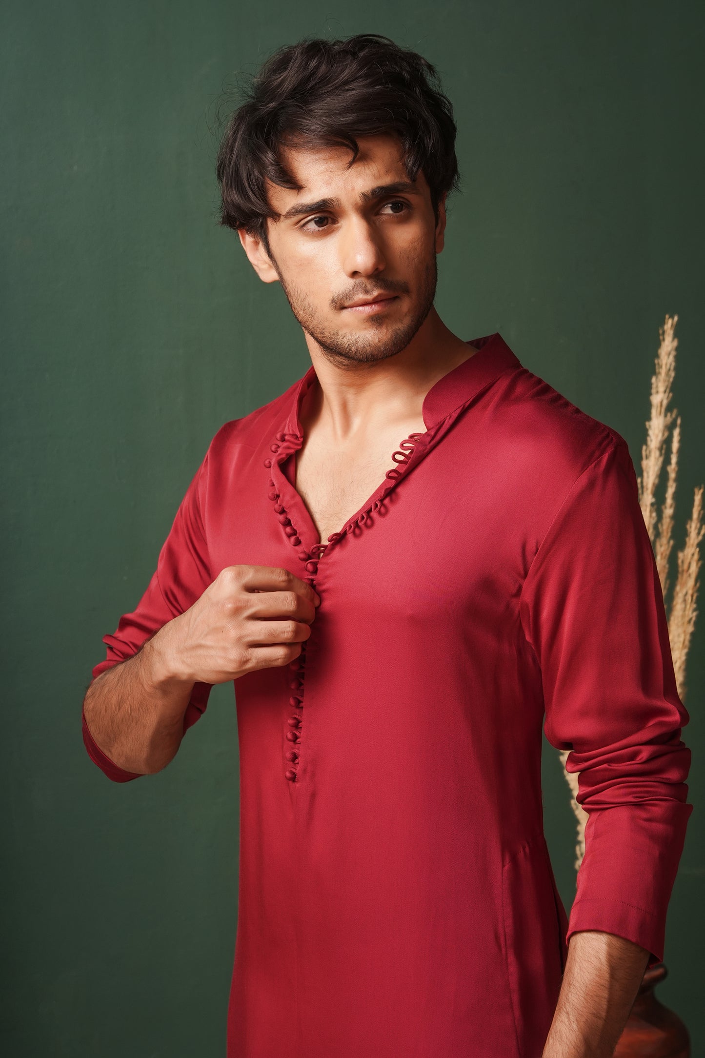 Red Plain Kurta with Traditional Buttons