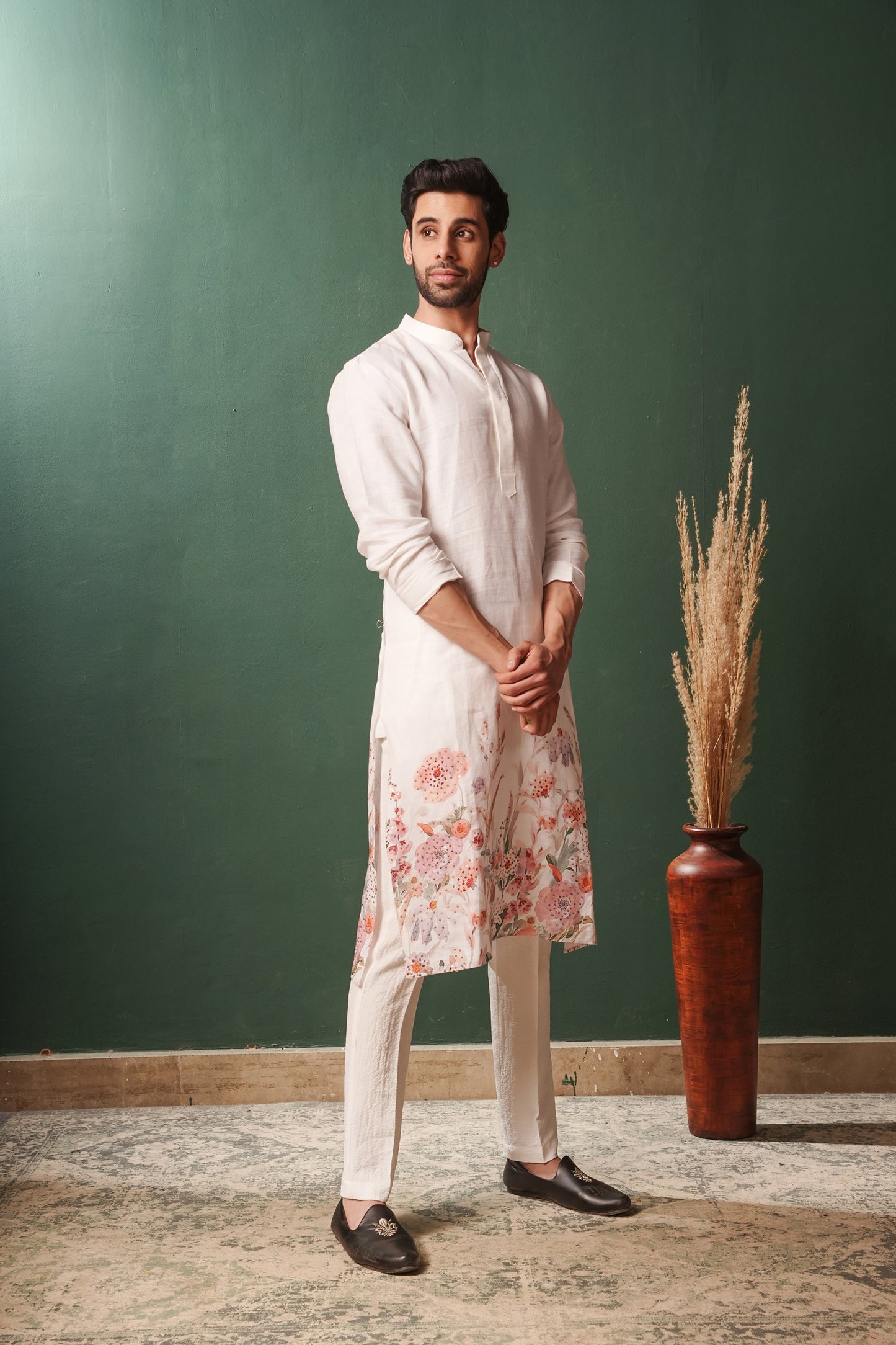 White Floral Kurta for Men