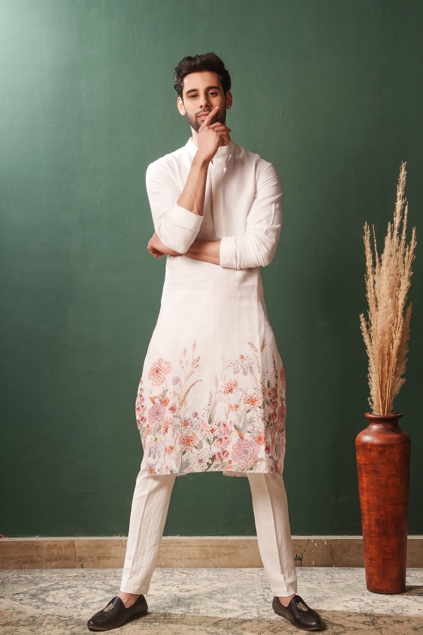 White Floral Kurta for Men
