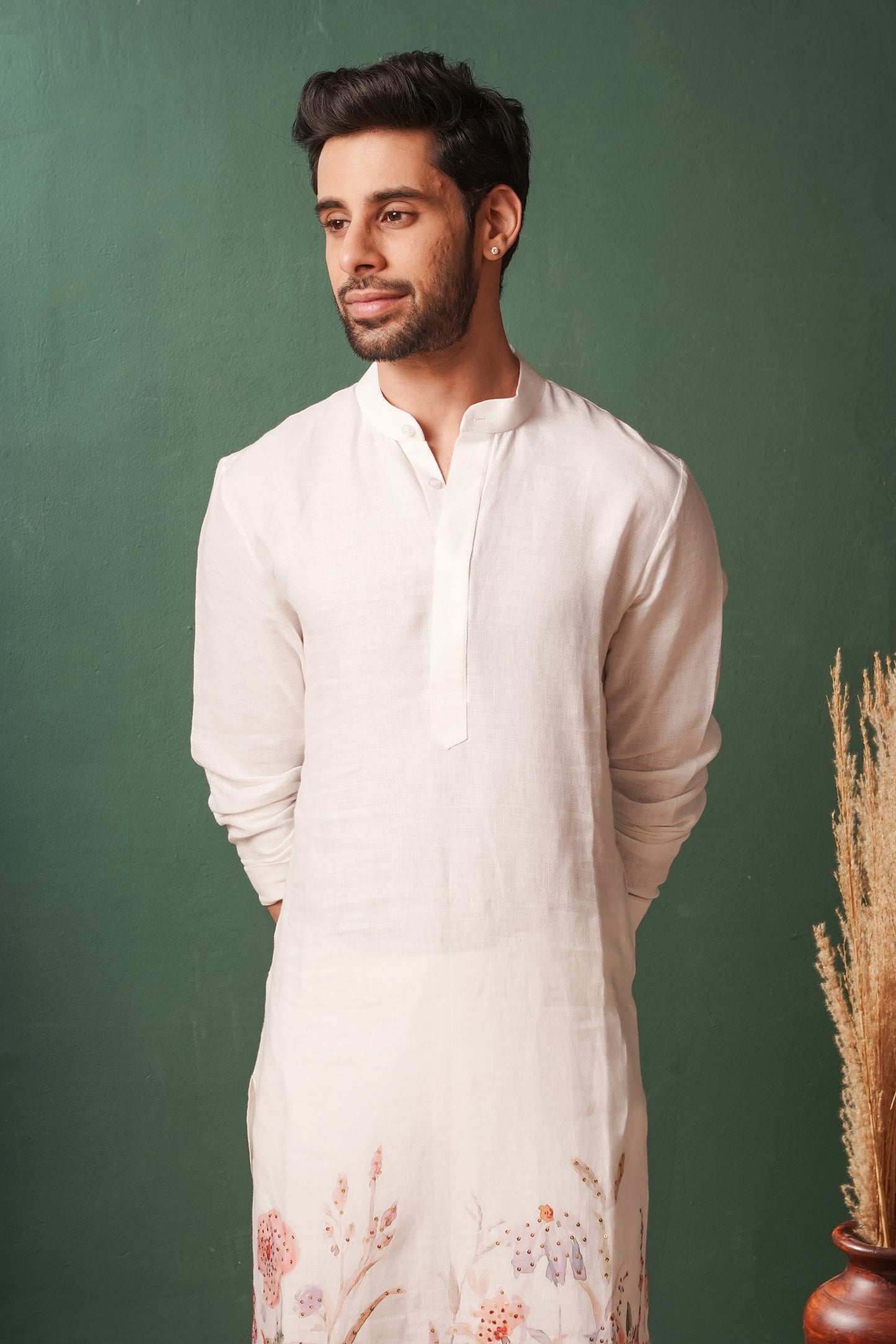 White Floral Kurta for Men
