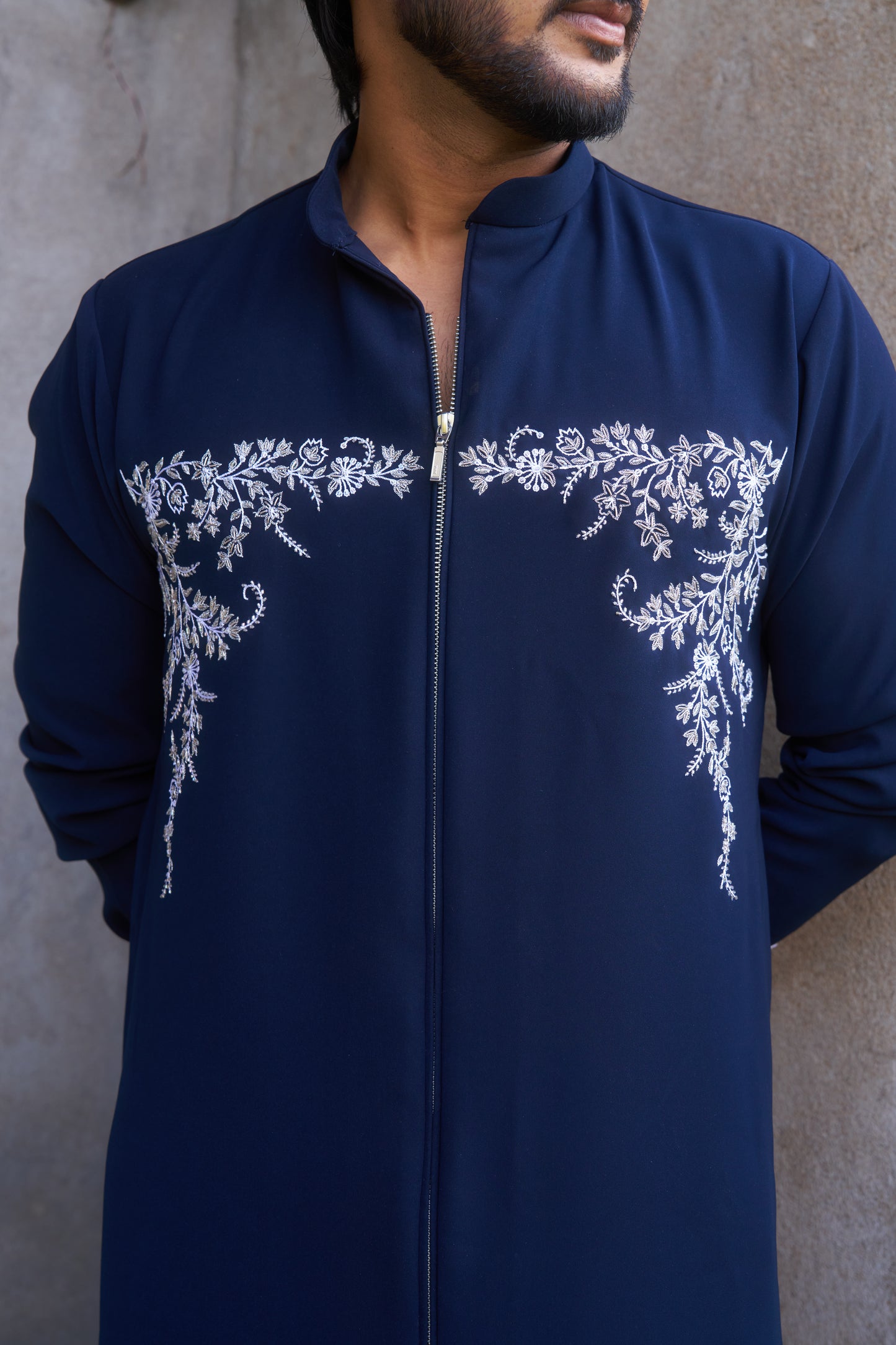 Dark Blue zipper kurta with white floral hand embroidery design
