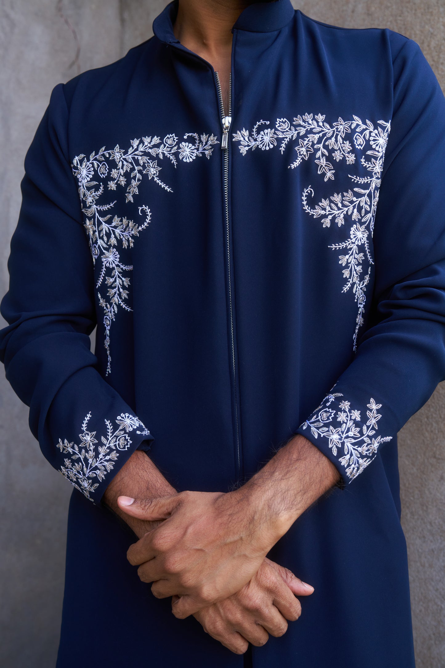 Dark Blue zipper kurta with white floral hand embroidery design