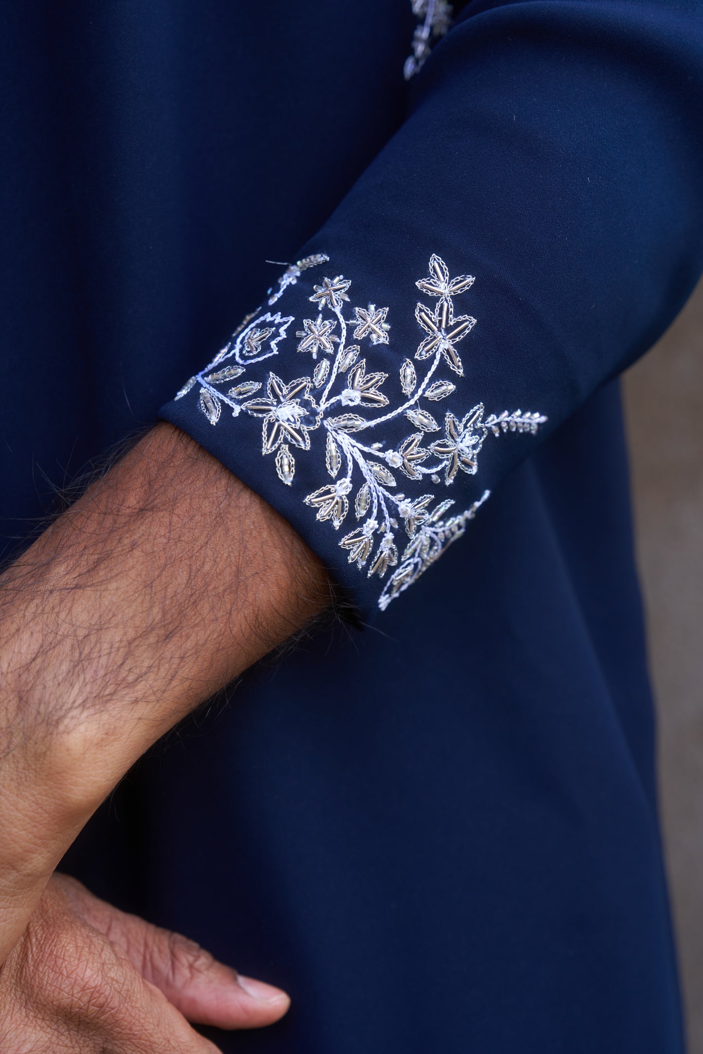 Dark Blue zipper kurta with white floral hand embroidery design