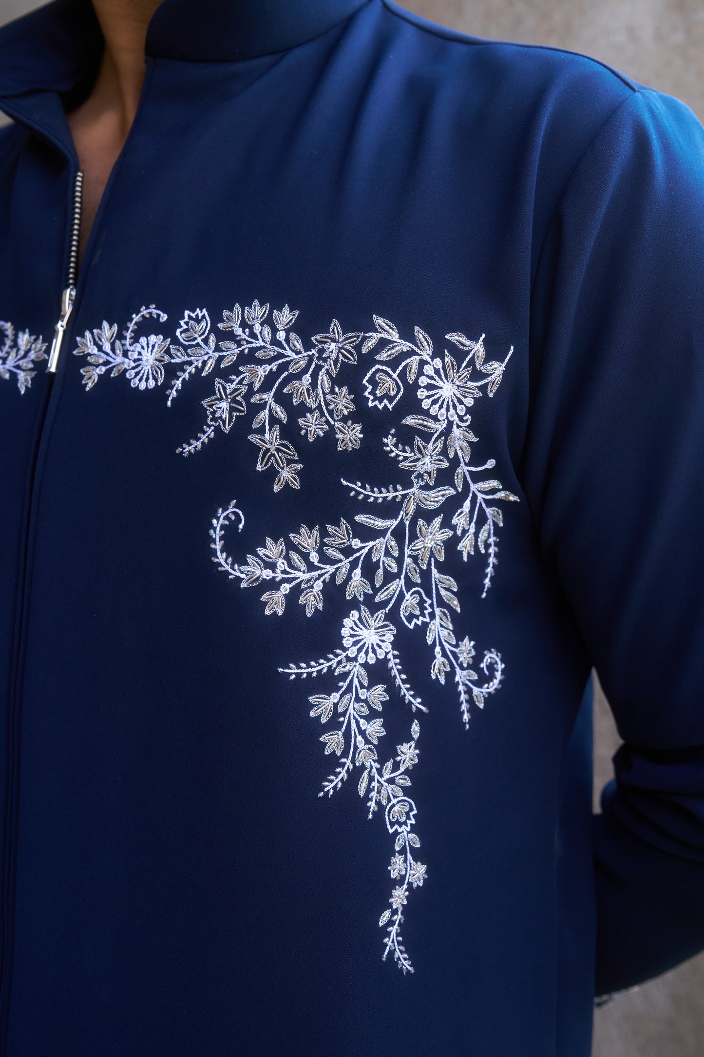 Dark Blue zipper kurta with white floral hand embroidery design