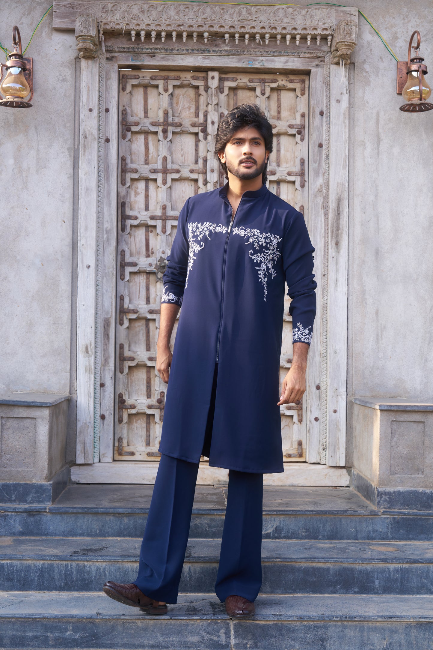 Dark Blue zipper kurta with white floral hand embroidery design