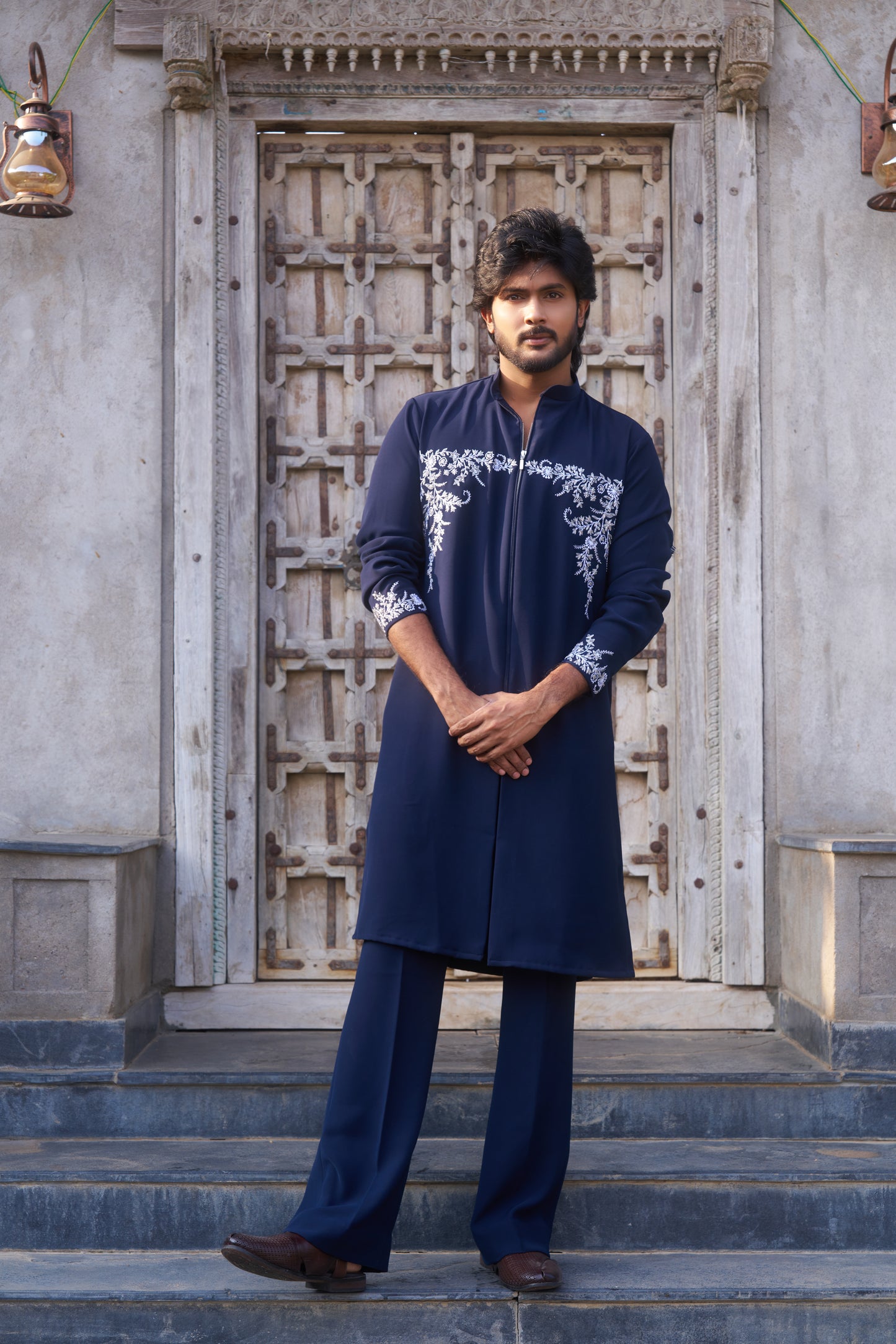 Dark Blue zipper kurta with white floral hand embroidery design