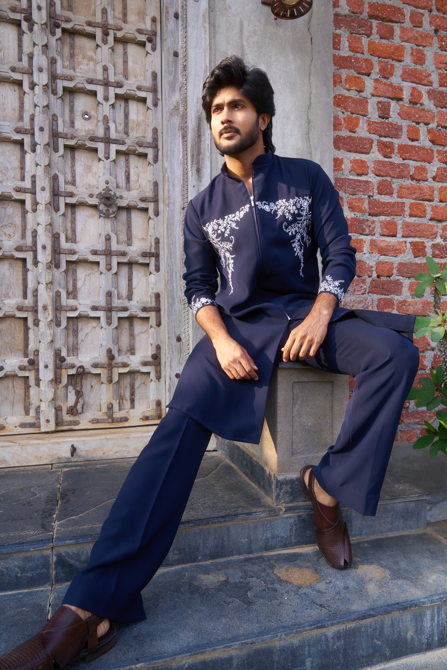 Dark Blue zipper kurta with white floral hand embroidery design