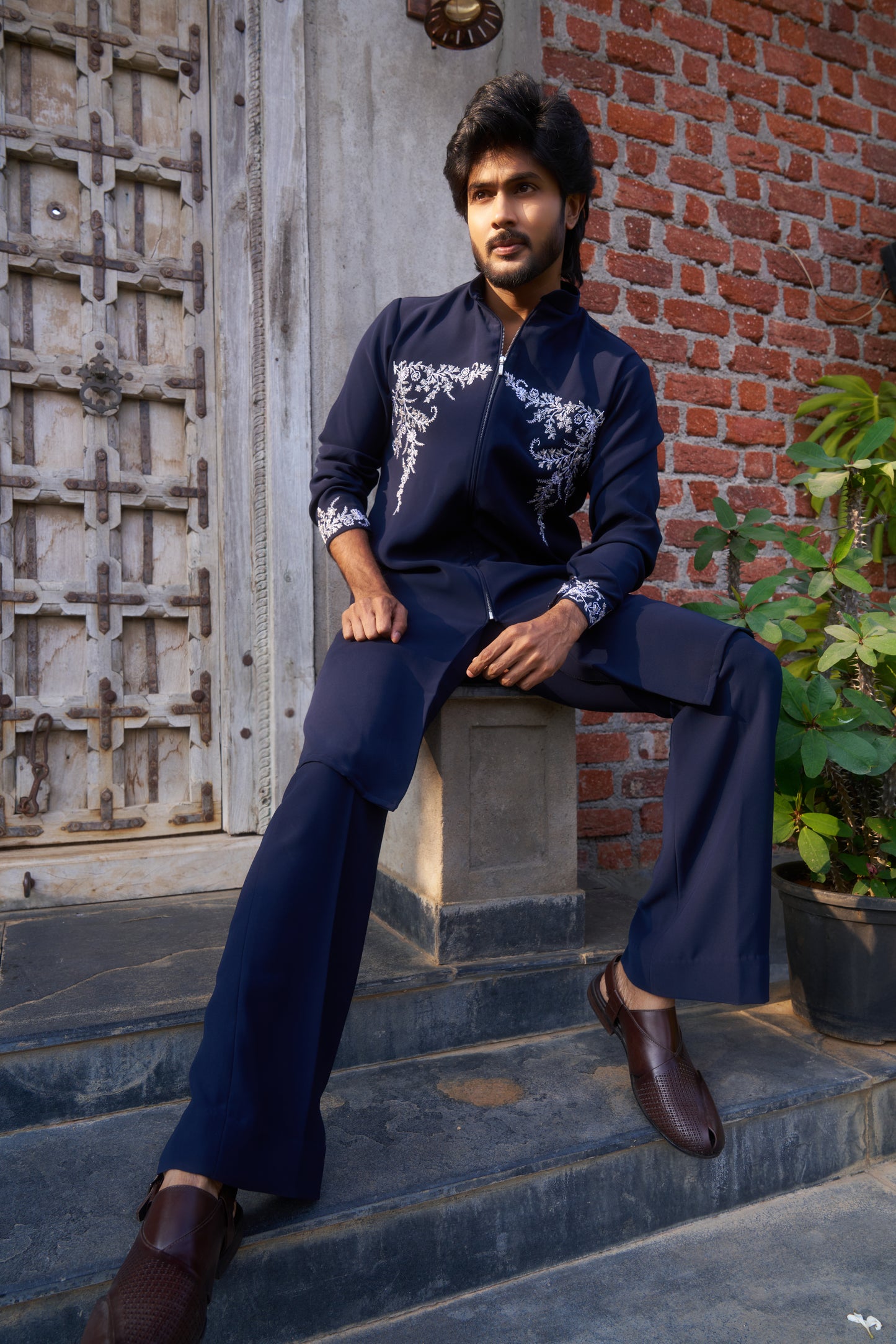 Dark Blue zipper kurta with white floral hand embroidery design