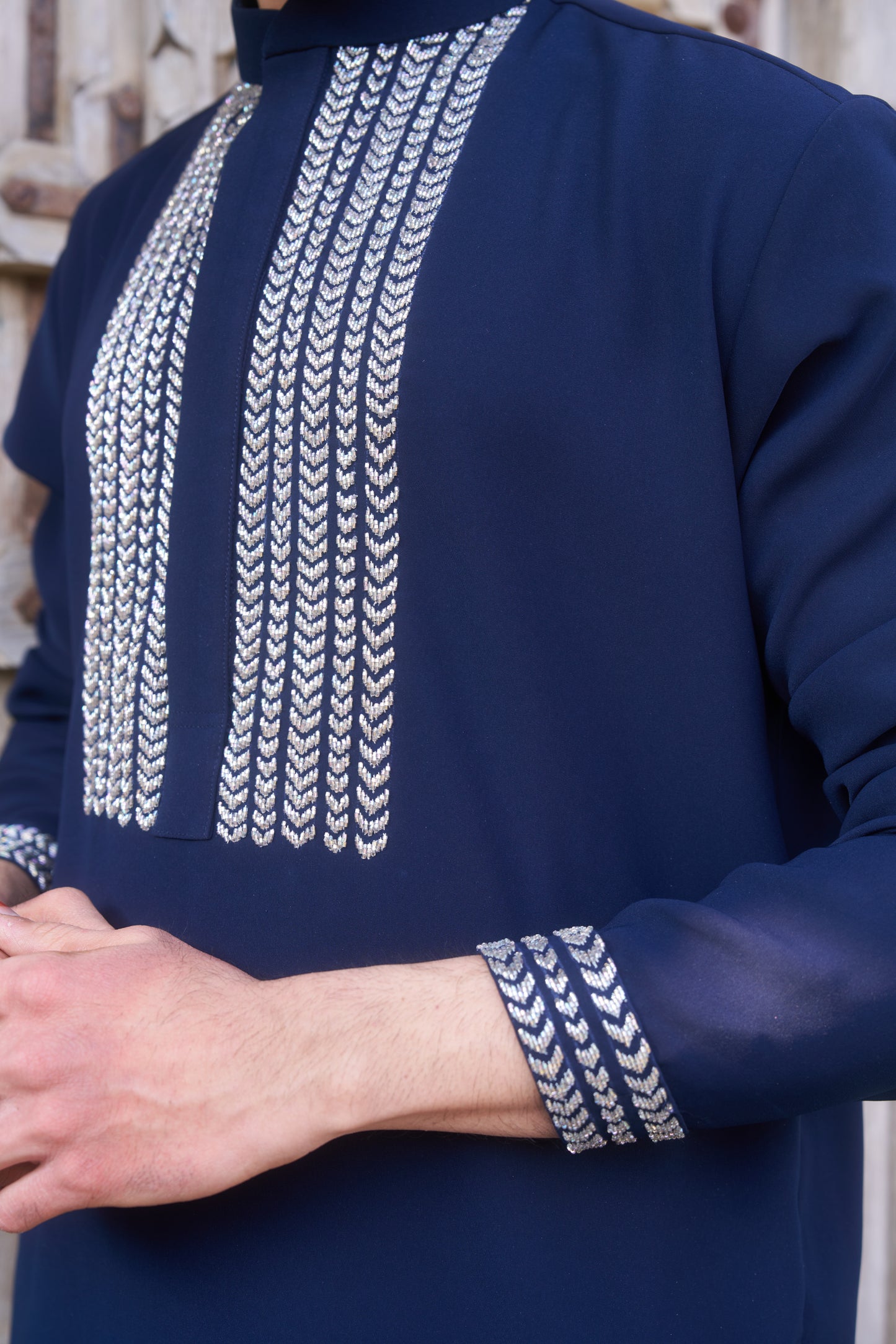 Blue kurta with white intricate hand embroidery design