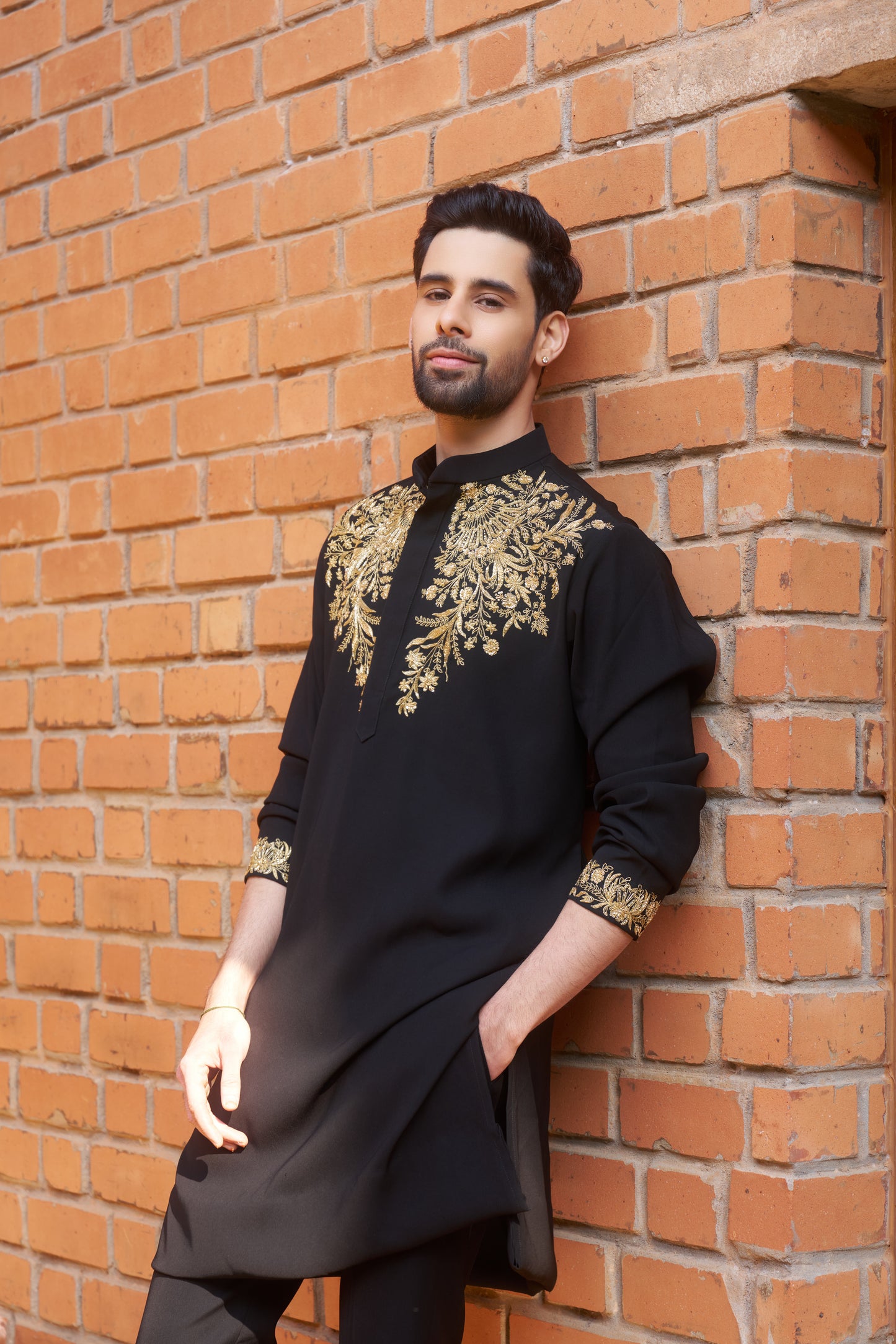 Black kurta with royal gold intricate floral hand embroidery design